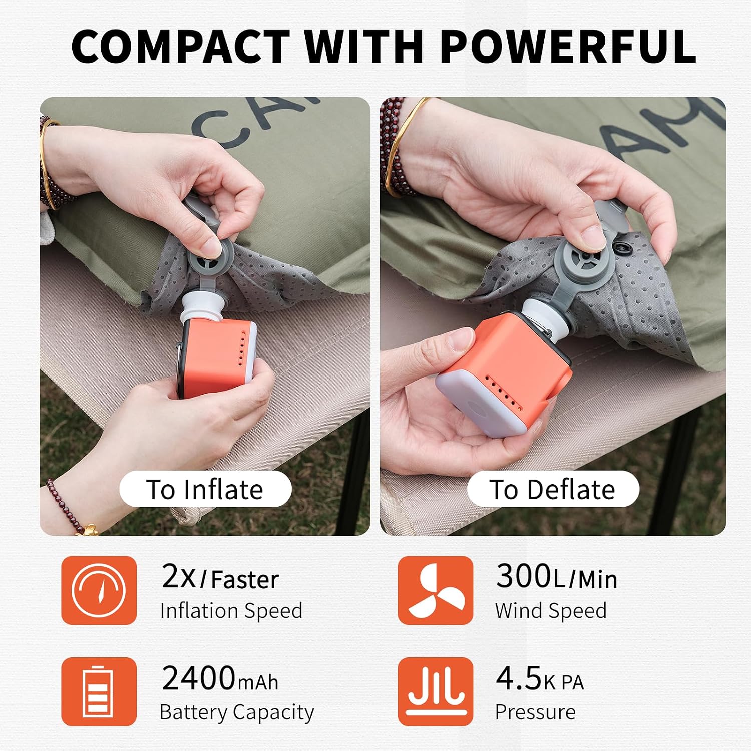 Camdoor Air Pump for Inflatables, 2400mAh Electric Air Pump Inflate Deflate with 6 Nozzles, Rechargeable Air Mattress Pump with Led Light for Camping, Pool Floats, Vacuum Storage Bags, Sleeping Pads