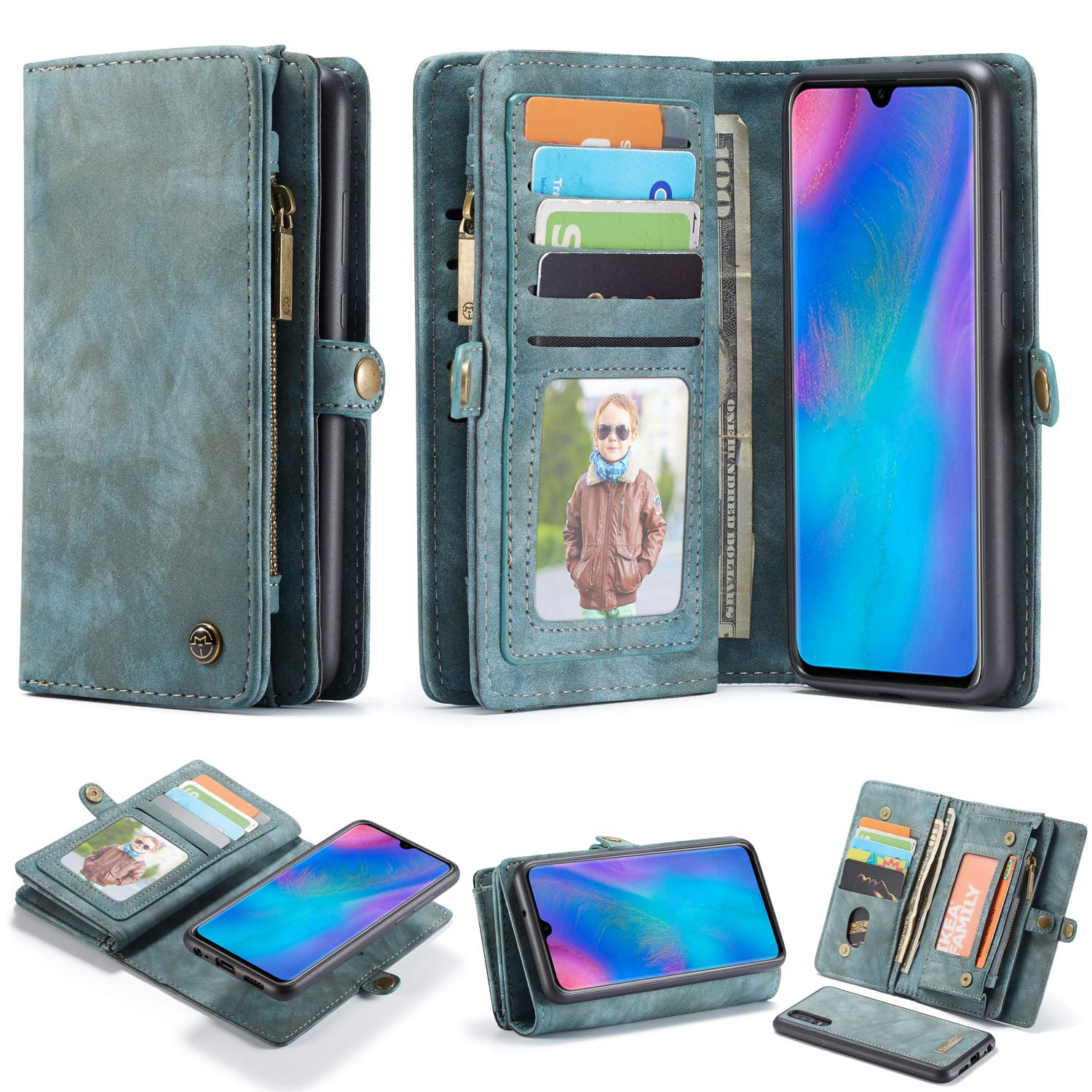 CaseMe for Huawei P30 Leather Case,Multi-Functional Flip Folio Zipper Wallet Leather Case with Card Slots and Magnetic Back Cover for Huawei P30 (Blue)