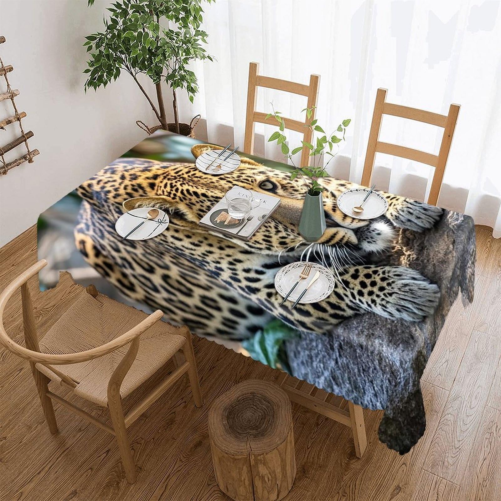 Leopard on The Stone Tablecloth Rectangle Table Cloth Decorative Fabric Table Cover Waterproof Seasonal Table Cover Wrinkle Resistant Washable Table Cloth for Party Picnic Dinner Decor 60"x86"