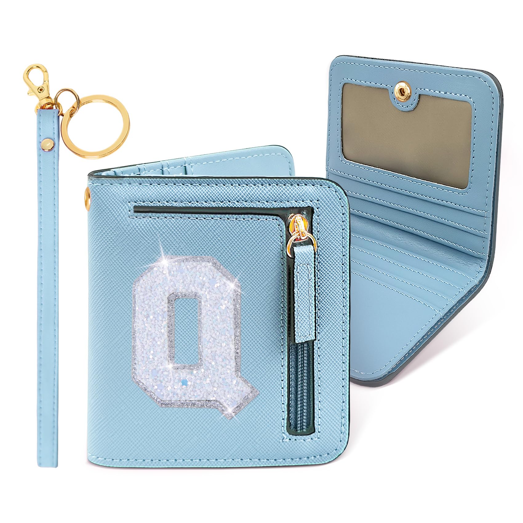 COSHAYSOO Small Wallet for Women Teenager Girl Personalized Initial Gift Preppy Letter Monogrammed Patch Mini Purse Waterproof for Travel Credit ID Cards Cash Holder Novelty Organizer Blue Q