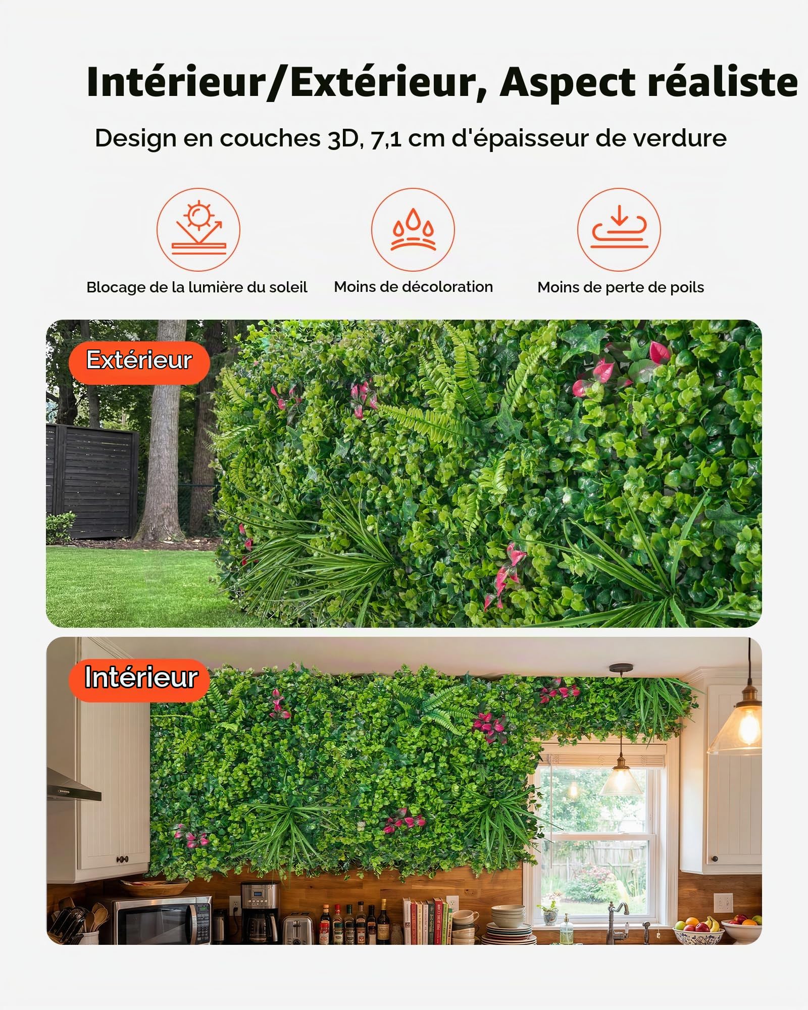 VEVOR Mur Végétal Artificiel 50,8x50,8 cm Haie Artificielle Lot de 12 Panneaux Feuillage Artificiel Brise Vue de Balcon pour Décoration, Mariage, Intérieur et Extérieur, Clôture de Jardin, Terrasse