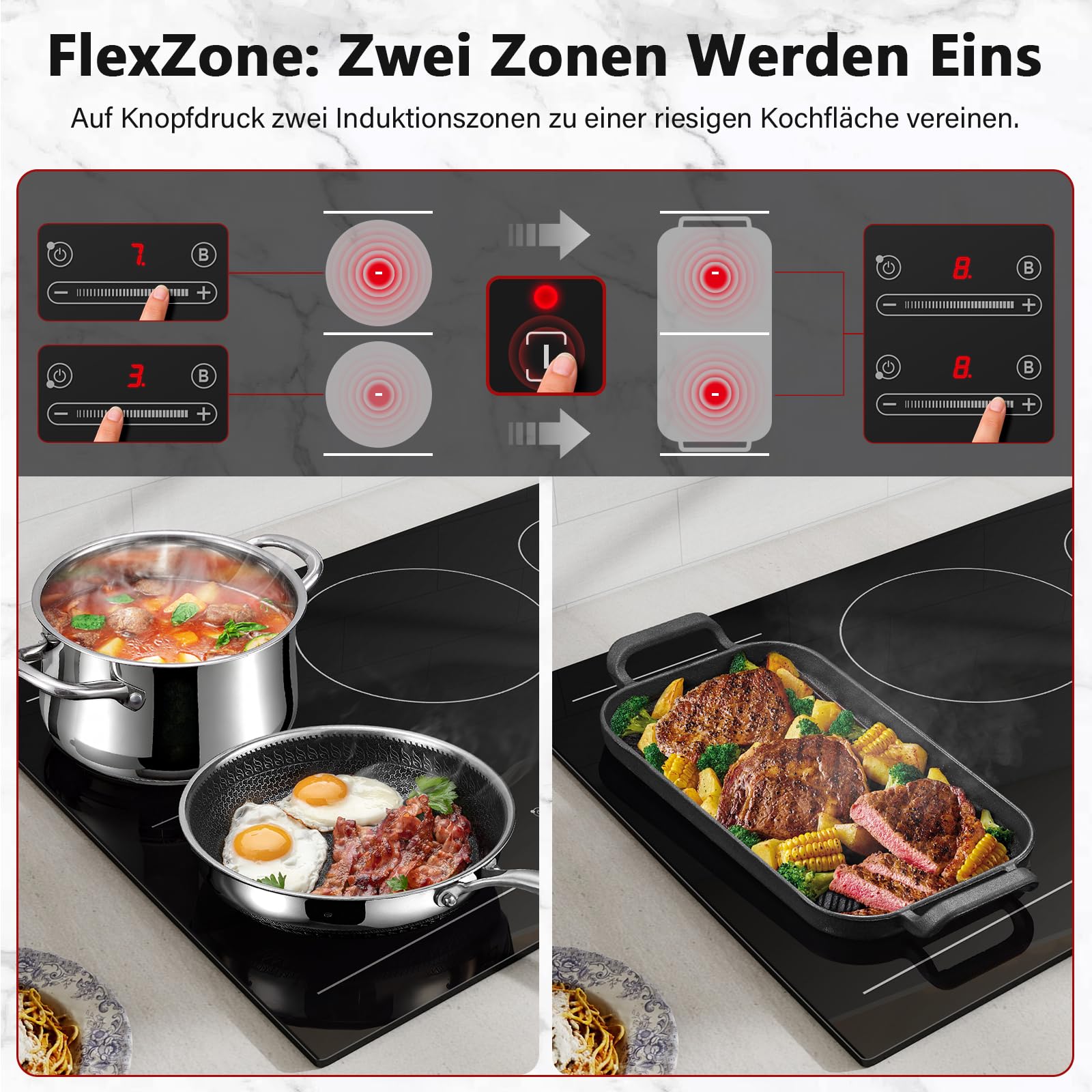 Induktionskochfeld 77 cm mit 5 Platten & 1 Flexzone, 9500 W, 9 Leistungsstufen mit Booster-Funktion, Touch-Slider-Bedienung, Timer 1-99 Min, Einbau-Kochfeld
