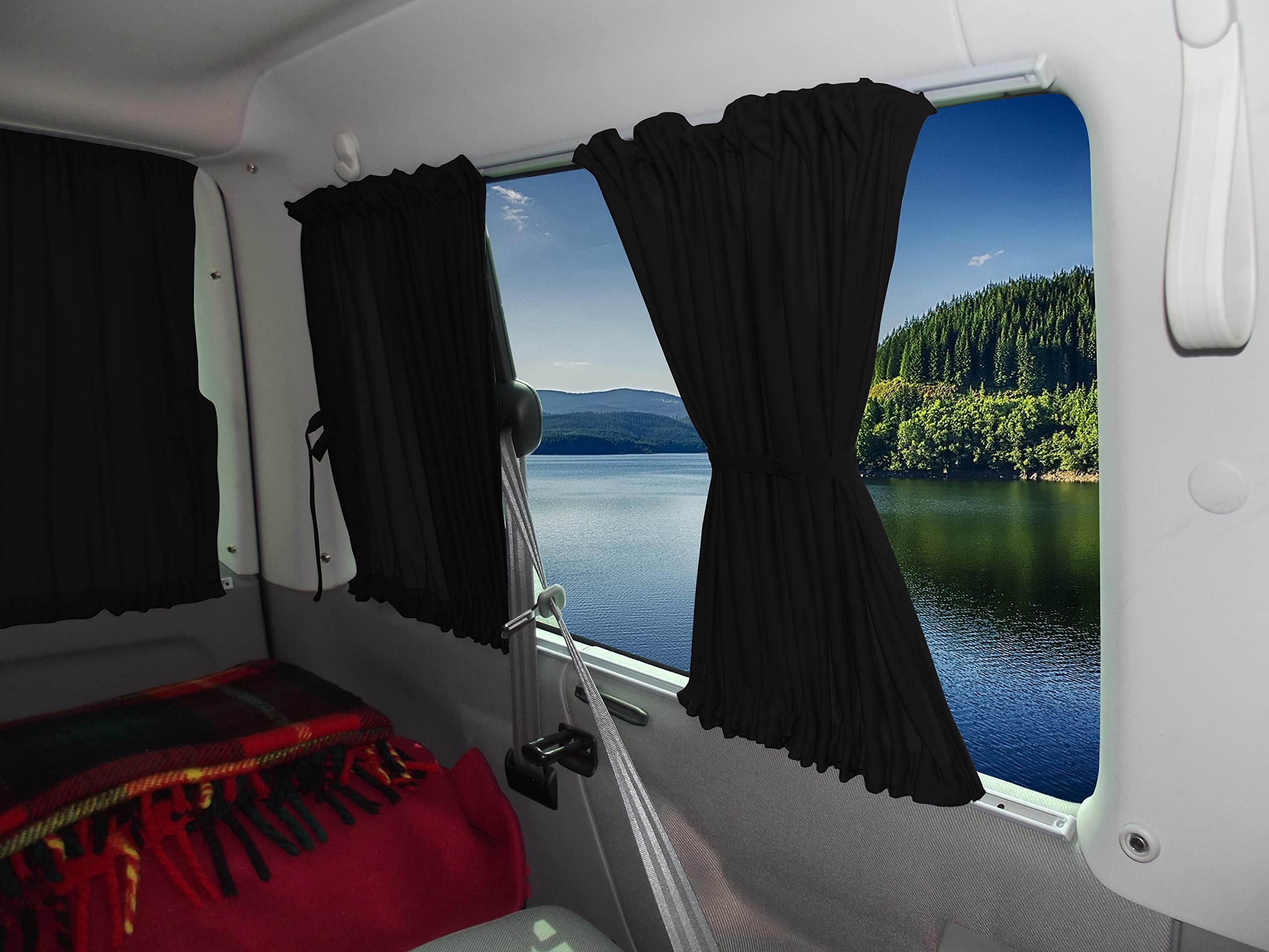 BREMER SITZBEZÜGE Maß Gardinen Vorhänge Sonnenschutz kompatibel mit VW T4 Multivan Caravelle 1990-2003 in Schwarz Camping Zubehör Wohnmobil Zubehör Camper Gardinen Set AMZ