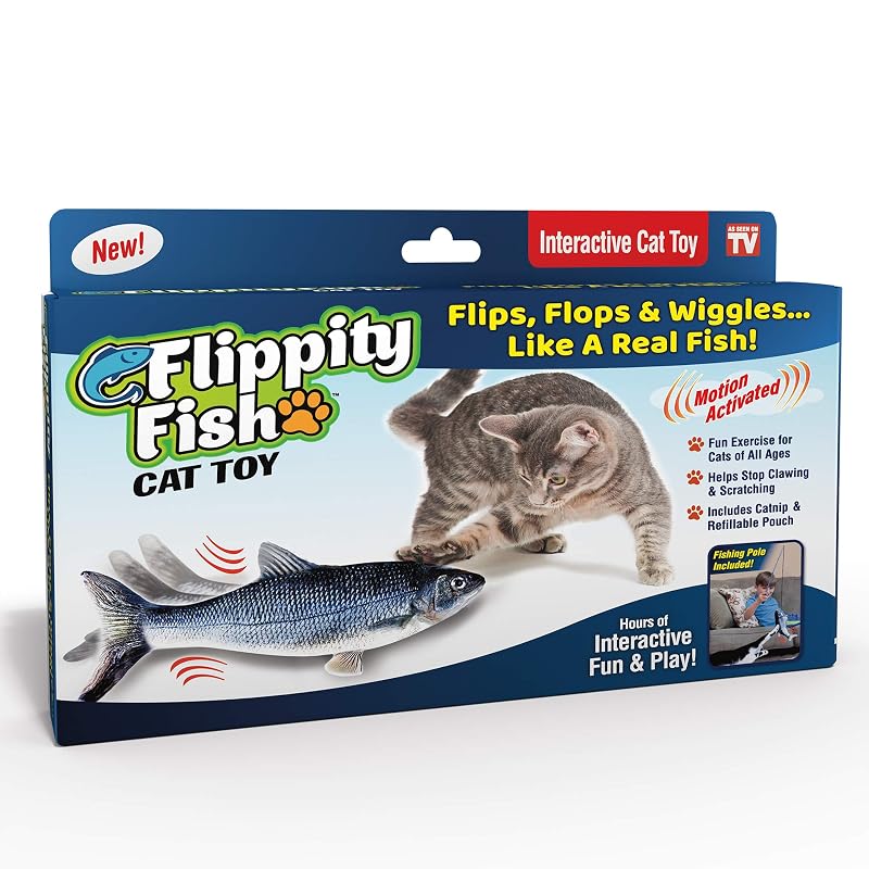 Brinquedo Interativo para Gatos Ontel Flippity Fish com Catnip, Vara de Pesca e Sensor de Movimento — Recarregável, Pacote com 1