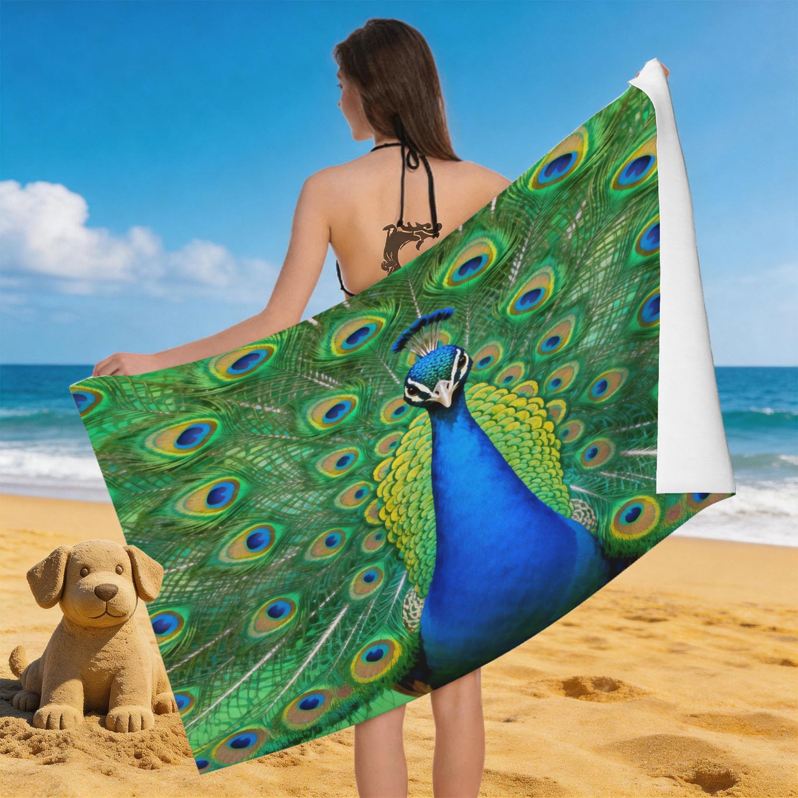 Leichong 3D Peacock with Open Feathers Beach Towel Microfiber Soft Quick Dry for Adults, Feather Print Bath Towel Lightweight Soft Absorbent for Travel Swimming Pool Sports, 75 x 150 cm
