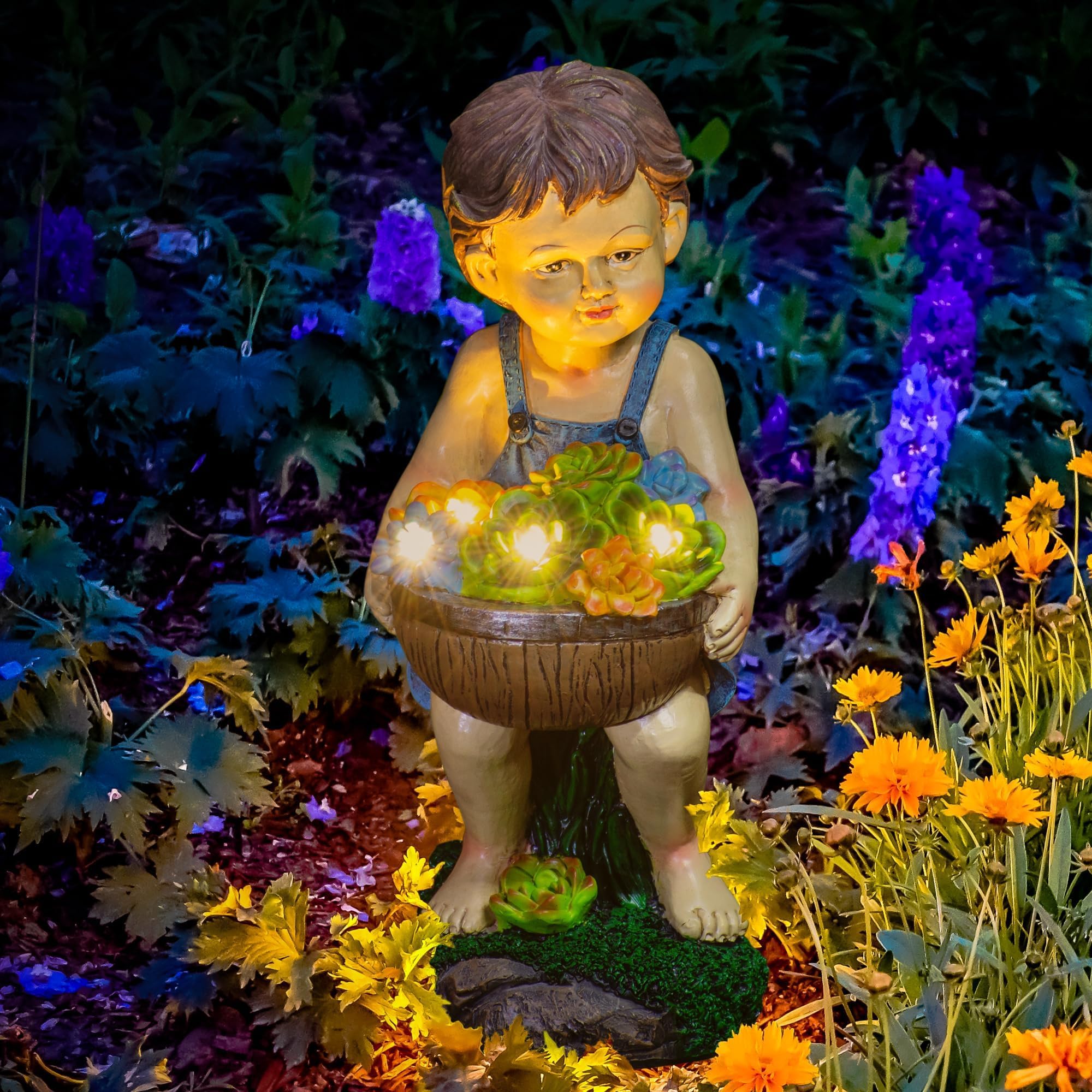 Solar Powered Little Boy with Flowers