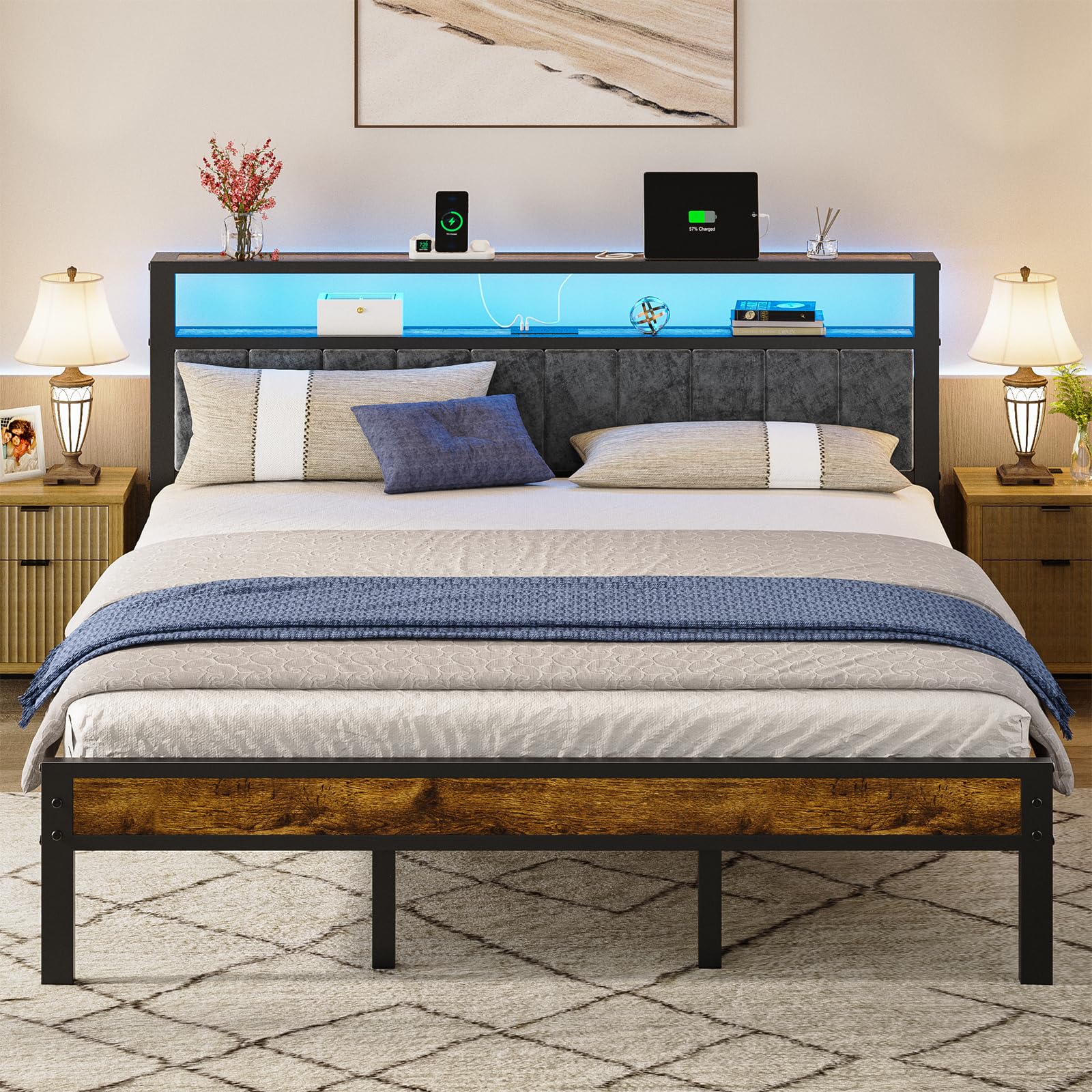 King Size Platform Bed Frame with LED Lights Grey Upholstered Headboard with 2-Tier Storage Shelves Charging Station Noise