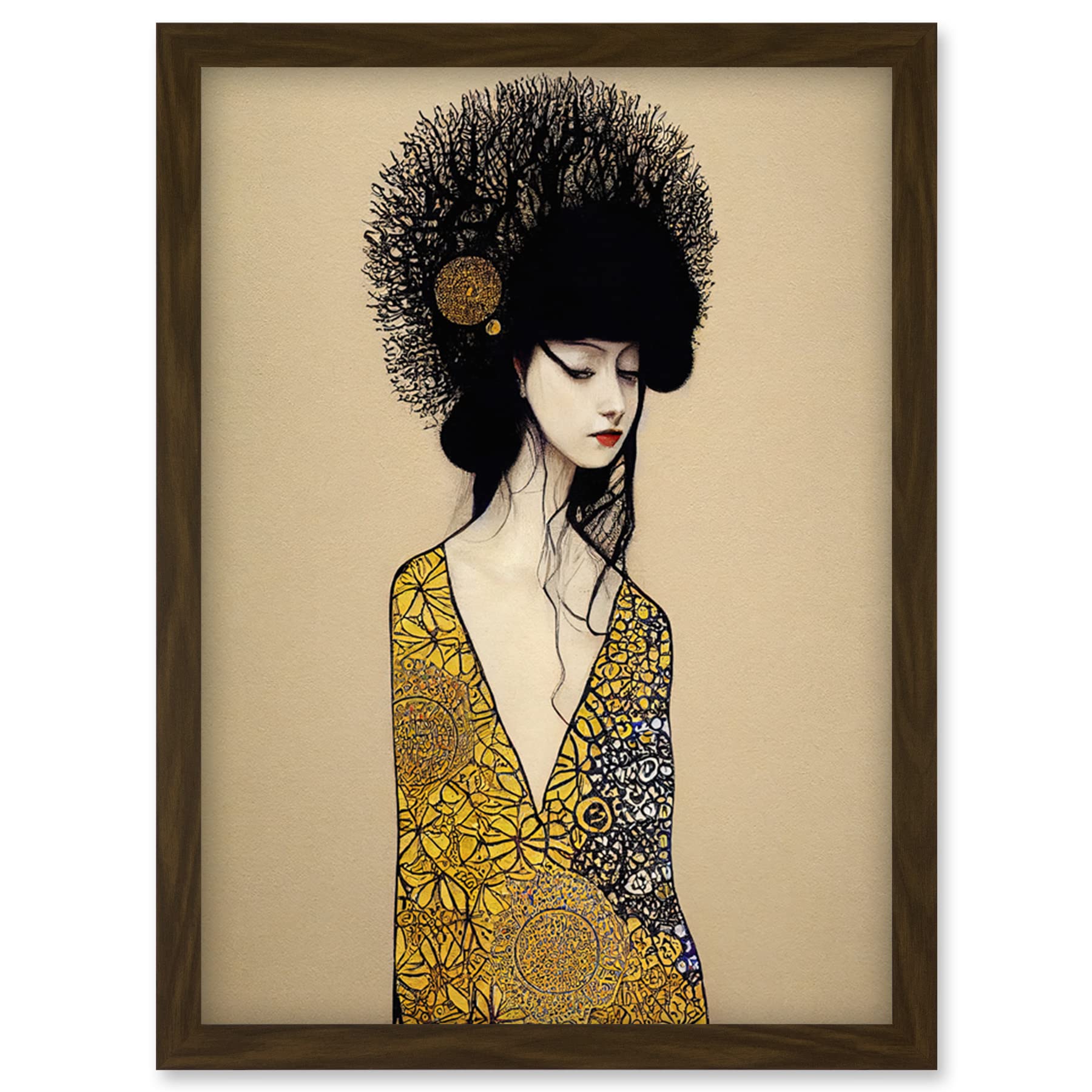 Gold Geisha Girl Abstract Elegant Painting Framed Wall Art Picture Print A4