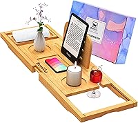 Banlilu Expandable Bamboo Bathtub Tray Caddy - Adjustable 27.5-35.4in Bath Tub Table with Wine Glass, Tablet Holder & Non-Slip Grips