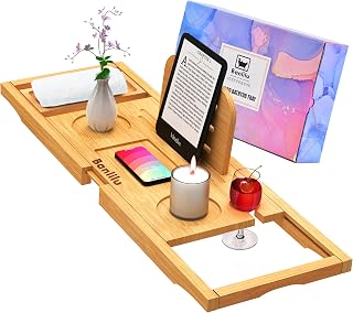 Banlilu Expandable Bamboo Bathtub Tray Caddy - Adjustable 27.5-35.4in Fits Most Tubs, Wine Glass Tablet Phone Holder