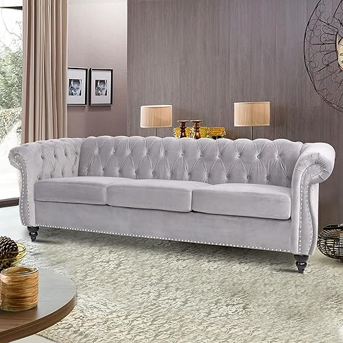Miniatura 48 de RARZOE Sofá biplaza tradicional Chesterfield, moderno y vintage Chesterfield con botones capitoné de terciopelo con ribete de cabeza de clavo,