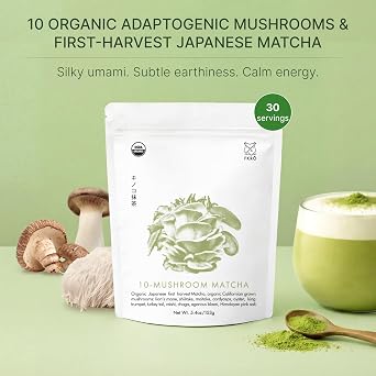 FKRO Organic Mushroom Matcha Powder | Japanese Matcha Green Tea + 10 Adaptogenic Mushrooms | 3000mg USA-Grown Blend with Lions Mane, Reishi, Cordyceps & Chaga | Energy, Focus & Immunity | 30 Servings