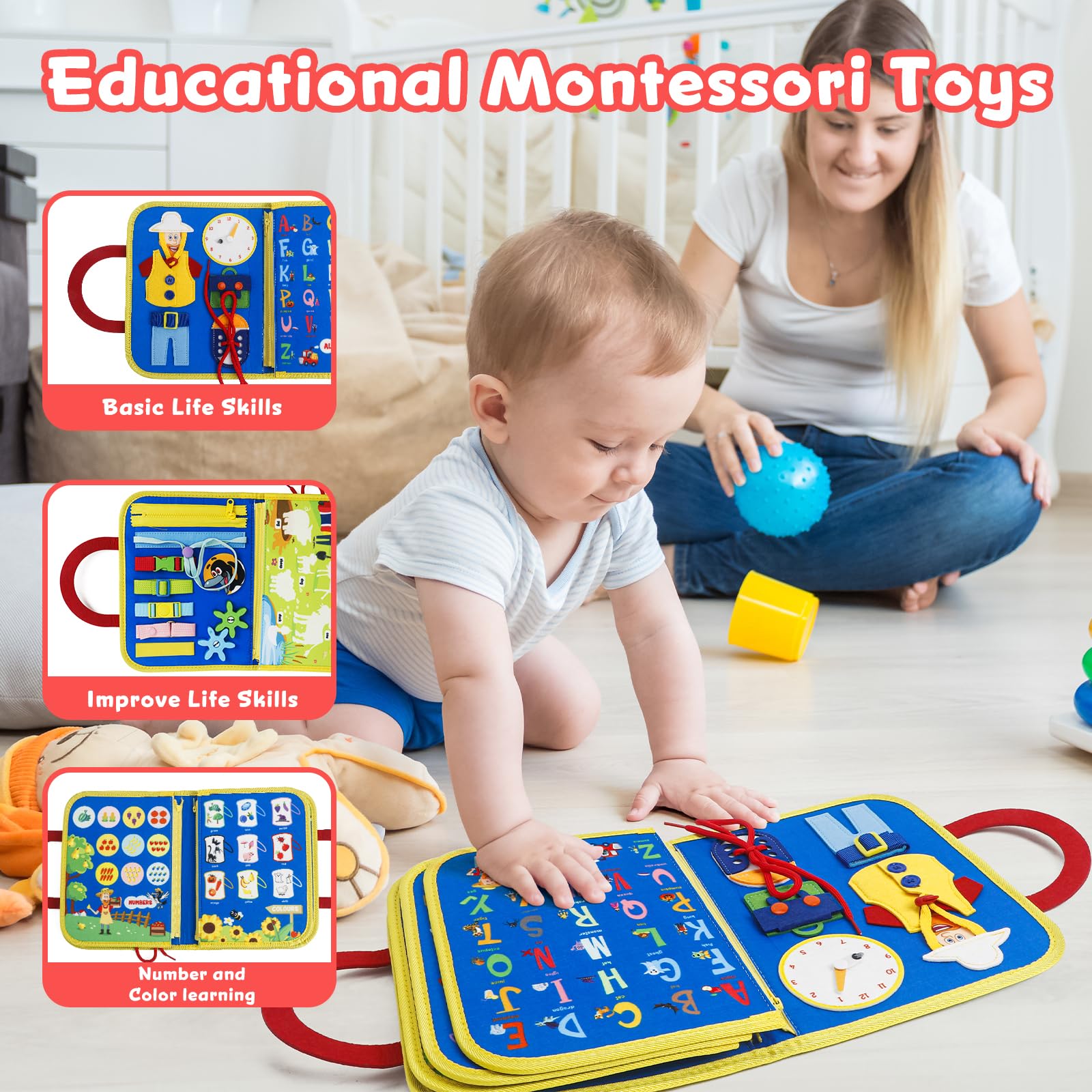 STEVE and MAGGIE Montessori Busy Board & Book - Giocattolo sensoriale da viaggio per bambini | Attività educative per imparare le abilità motorie | Regalo di compleanno unisex