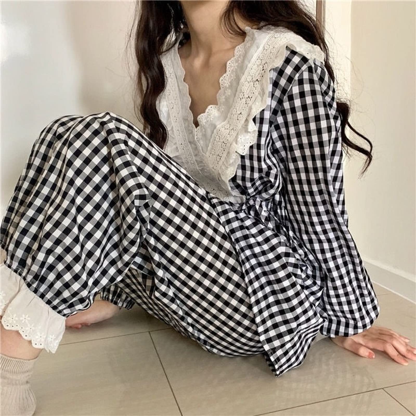 Kobiety słodkie zestawy piżam - dziewczęcy dekolt w serek stylowa krata cały mecz bielizna nocna minimalistyczny studenci Harajuku elegancki miękki Jogging Homewear dla dorosłych stroje garnitur (Col