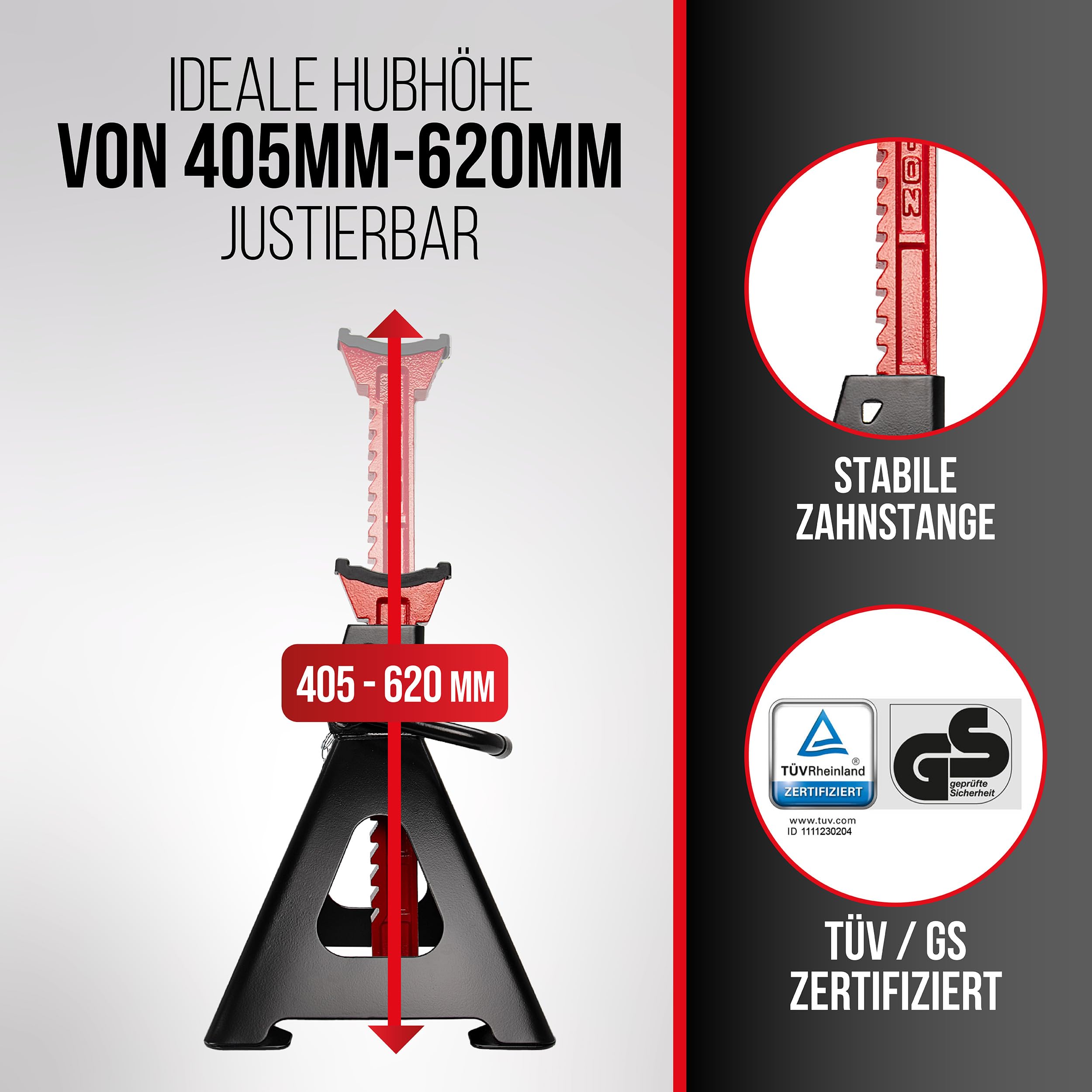 HEYNER® Unterstellbock 2er Set mit Gummiauflage Hubhöhe 400-620 mm TÜV-Zertifiziert Traglast 6t Stützbock Stützfuß 10-Fach Höhenverstellbar
