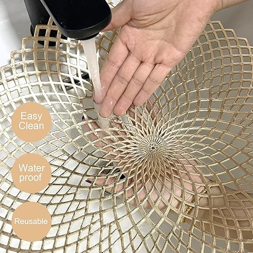 Miniatura 4 de Juego de 6 manteles individuales redondos dorados metálicos, manteles individuales de vinilo, lavables, lavables, huecos, para mesas de cocina,