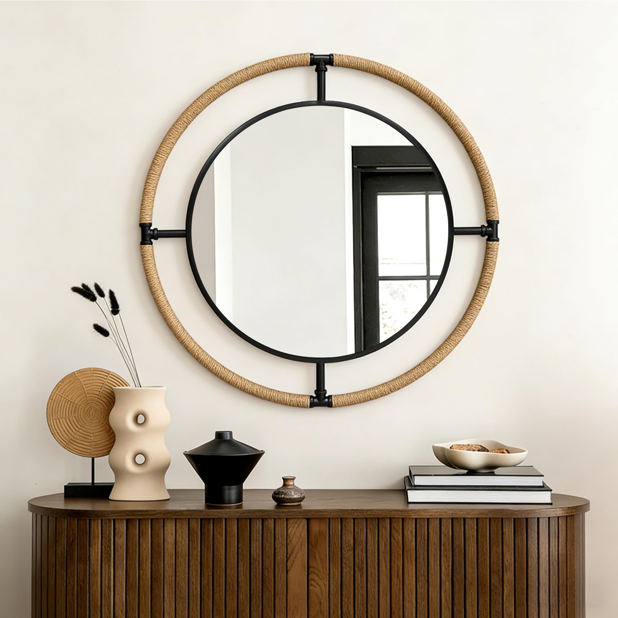 Espejo Recibidor Redondo 80x80cm, Espejos Decorativos de Pared con Cuerda de Yute Natural para Dormitorio y Salón, Espejo Baño con Marco de Hierro Antihumedad, Elegante con Diseño