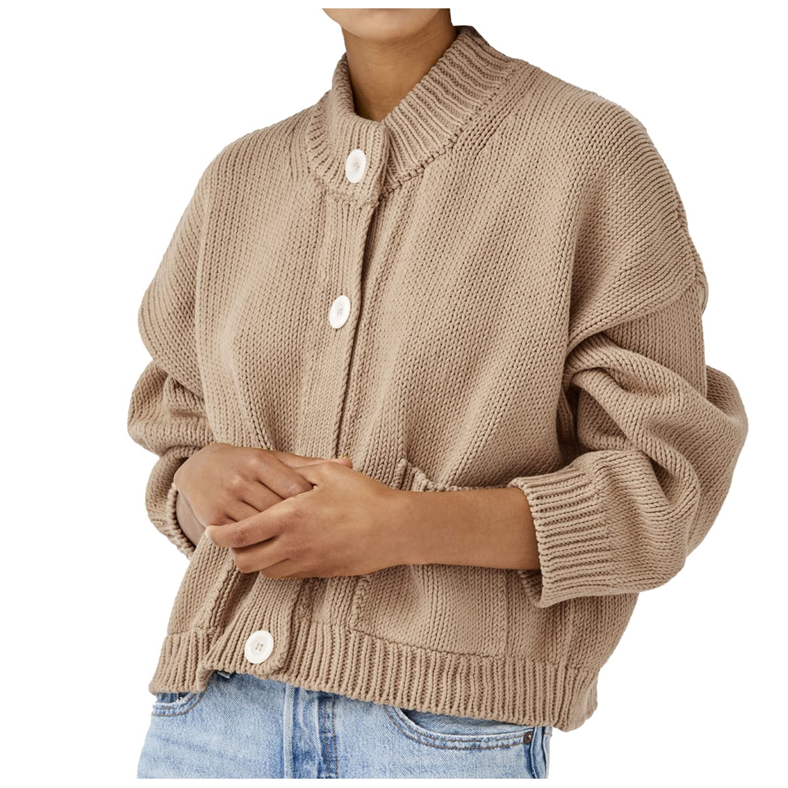 Generisch Cárdigan de mujer, invierno manga larga cuello alto abrigo de punto suéter corto chaqueta con bolsillo