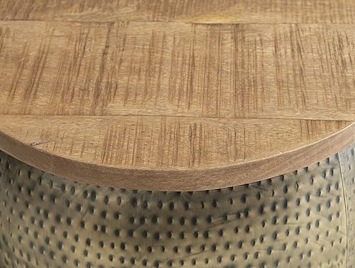 Miniatura 6 de Powell Tambor dorado martillado con tapa de elevación de madera natural para almacenamiento Janice mesa