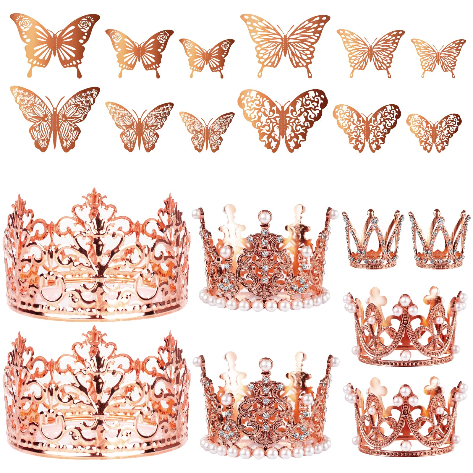 56 adornos de corona para tartas con decoración de pared de mariposa con purpurina dorada 3D para decoración de cupcakes de boda, ramo de flores, pasteles, fiesta de cumpleaños (8 coronas, 48