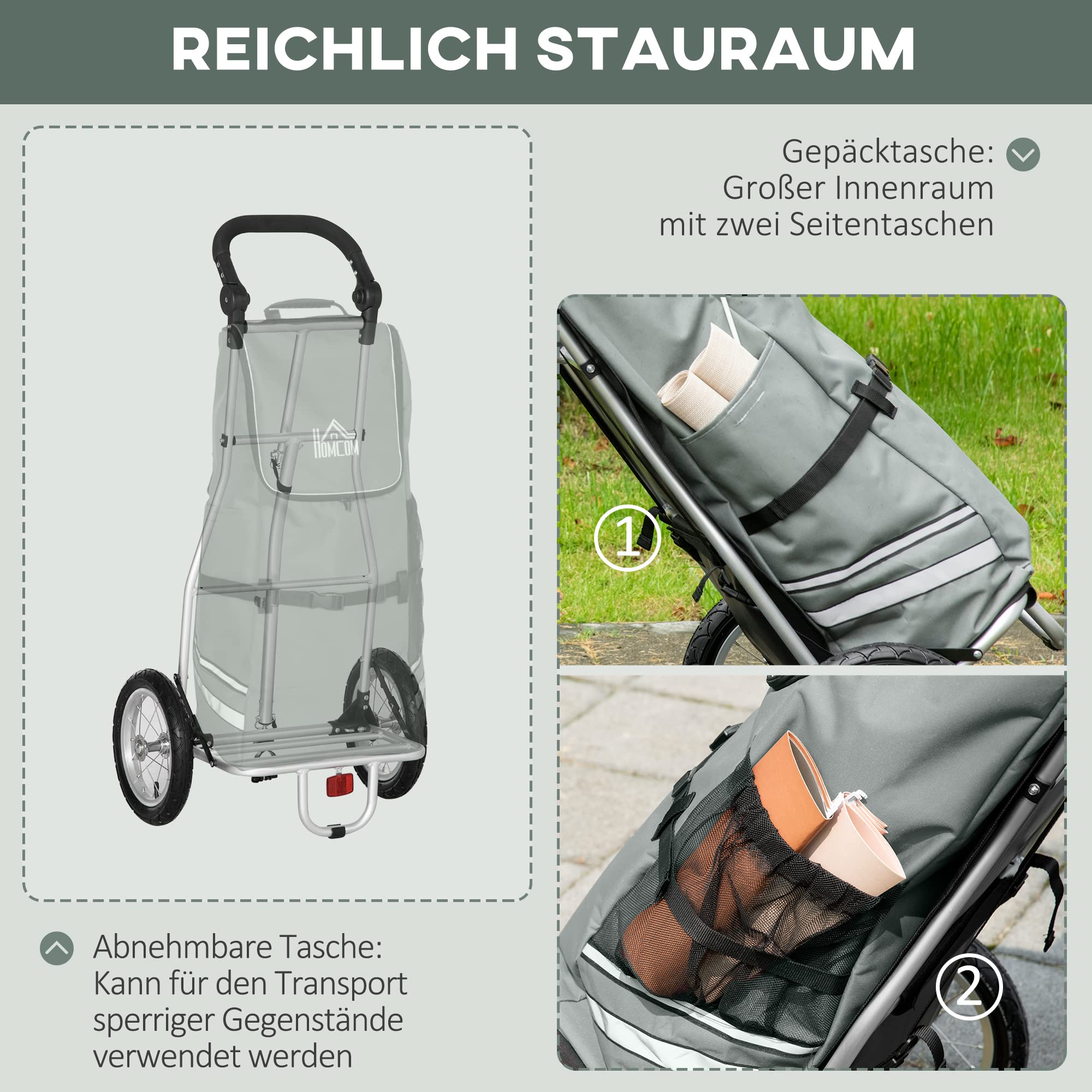 HOMCOM 2 in 1 Lastenanhänger Fahrradanhänger Grau+Silber 53x43x110 cm | Einkaufstrolley, Transportanhänger, mit Verbindungsschellen für Fahrradkupplung, 24,3 kg Max, 55 L, Alu+Oxford