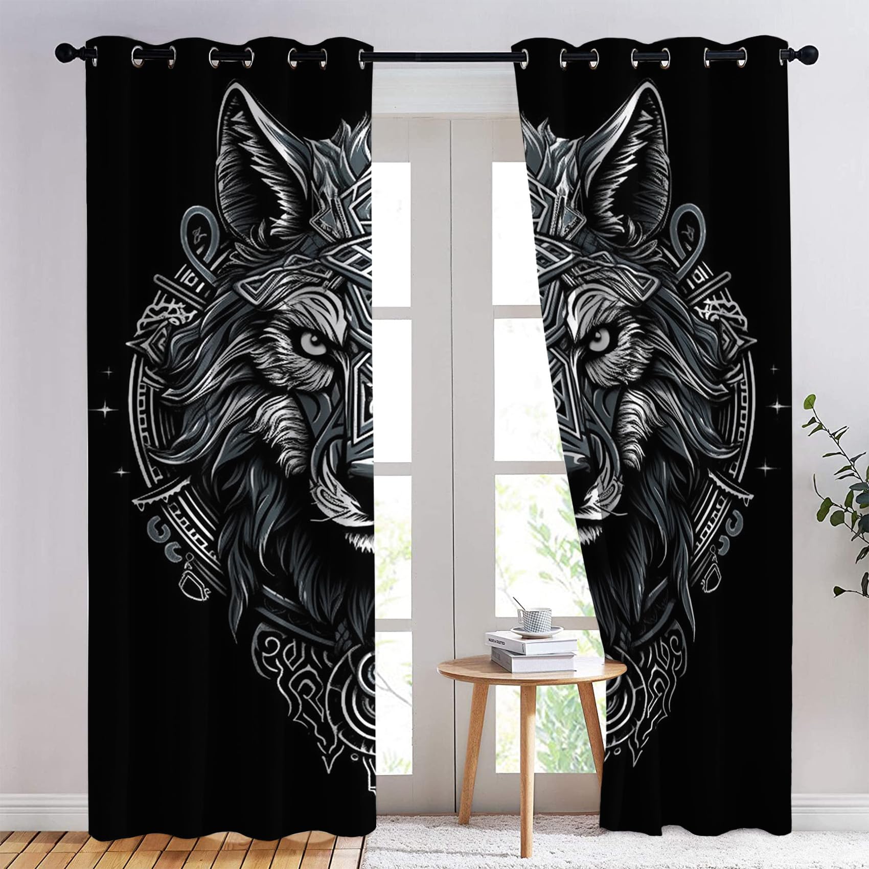 Rideau Occultant Loup, Rideau Isolant Thermique pour Salon Chambre, Rideaux Motif Viking, Rideau Opaque à Oeillets, Lot de 2 Rideaux et Draperies Intérieur 140x160cm LxH