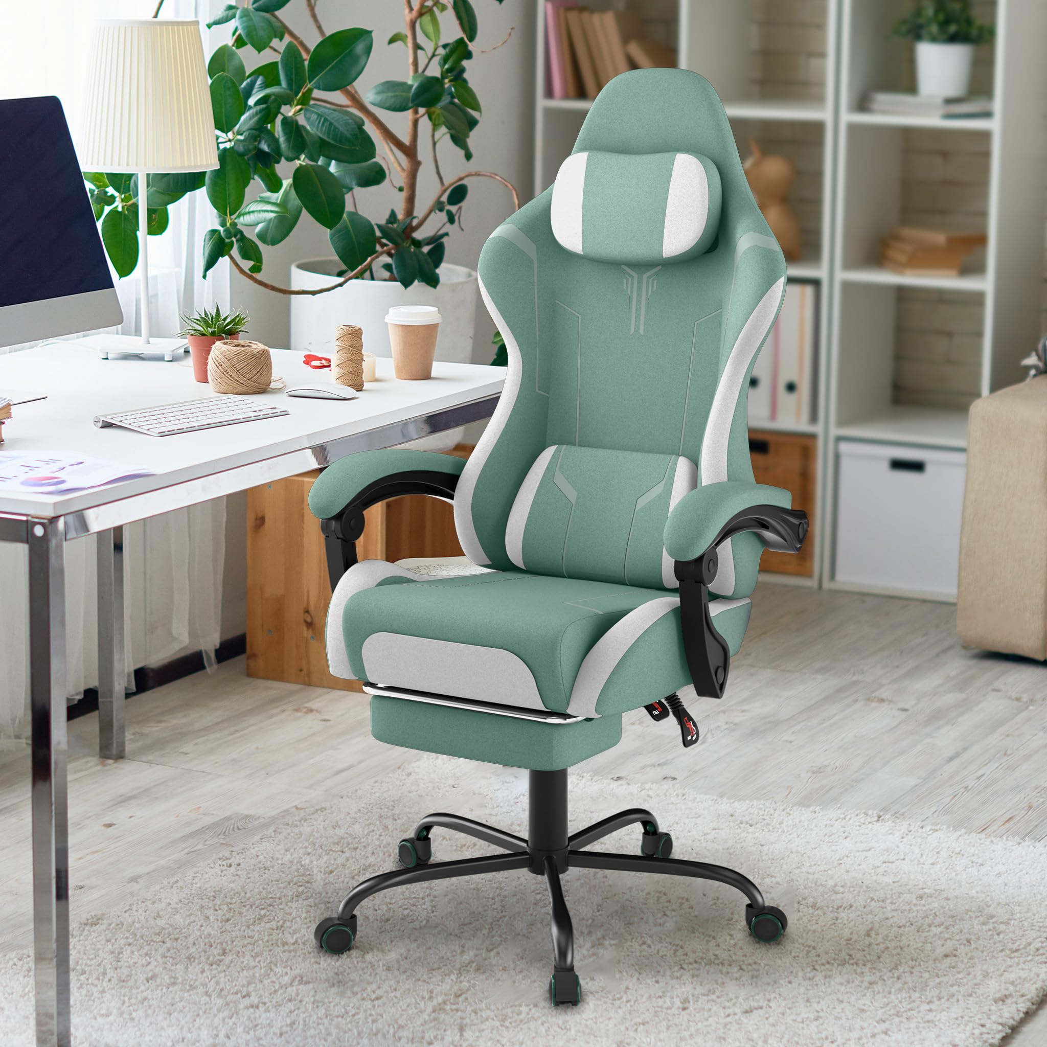 ACXIN Silla de gaming con reposapiés y reposacabezas, silla ergonómica para gaming con cojín lumbar de masaje, respaldo ajustable 90-135°, reposabrazos acolchados para gamer - Verde