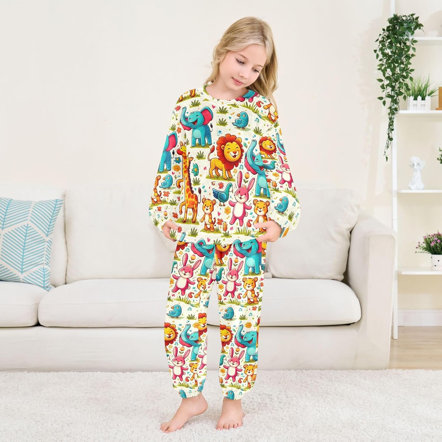 Kids Flannel Sets Happy Colorful Animal Warm Plush Relaxed Clothing for Boys and Girls