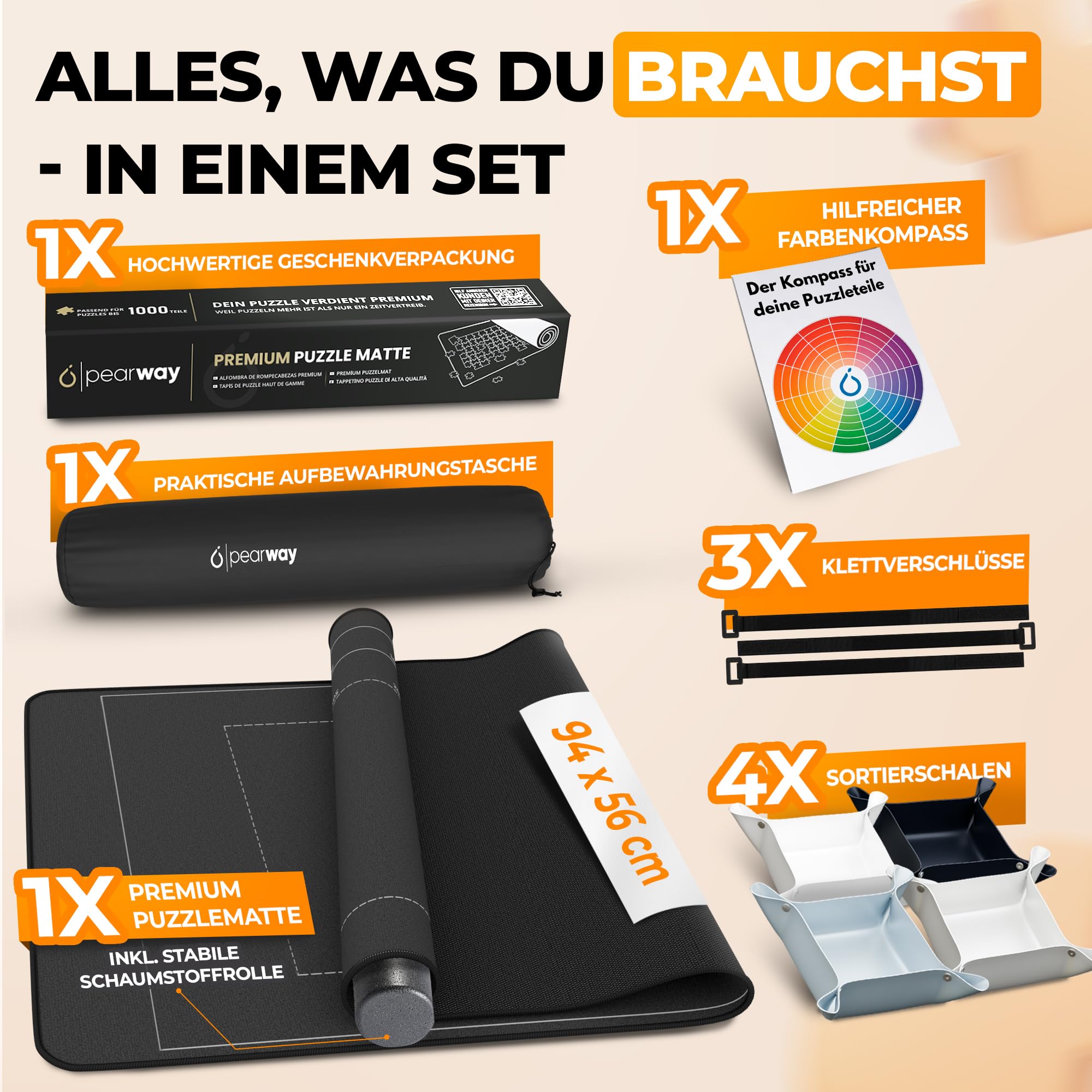 PEARWAY Puzzlematte 1000 Teile zum Aufrollen - inkl. Sortierschalen & sanft gleitender Oberfläche statt rauem Filz - Puzzle Matte - Puzzleunterlage - Puzzleteppich - Puzzlerolle - Puzzle Aufbewahrung