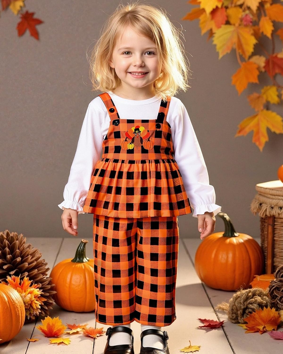 HINTINA Toddler Girl Long Sleeve T-shirt and Plaid Jumpsuit 2 Pieces Set - Image 3