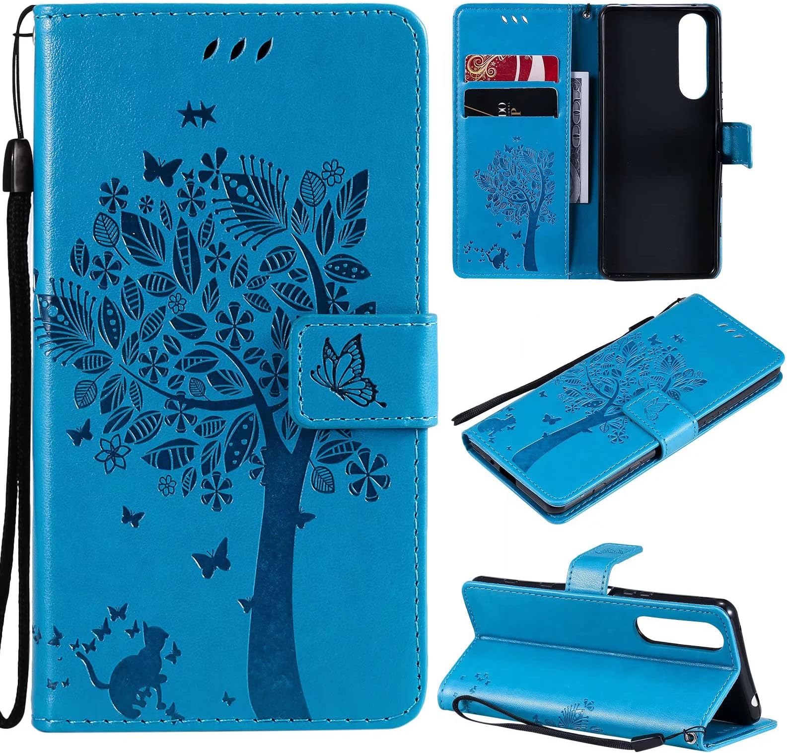 Ttianfa Case for APPLE IPHONE 5C Wallet Flip case with 2& Tempered Glass Screen Protector [2 Card Slot] [Magnetic][stand] Emboss Tree Cat Flowers strap PU Leather 360° Shockproof Flip Folio,Blue