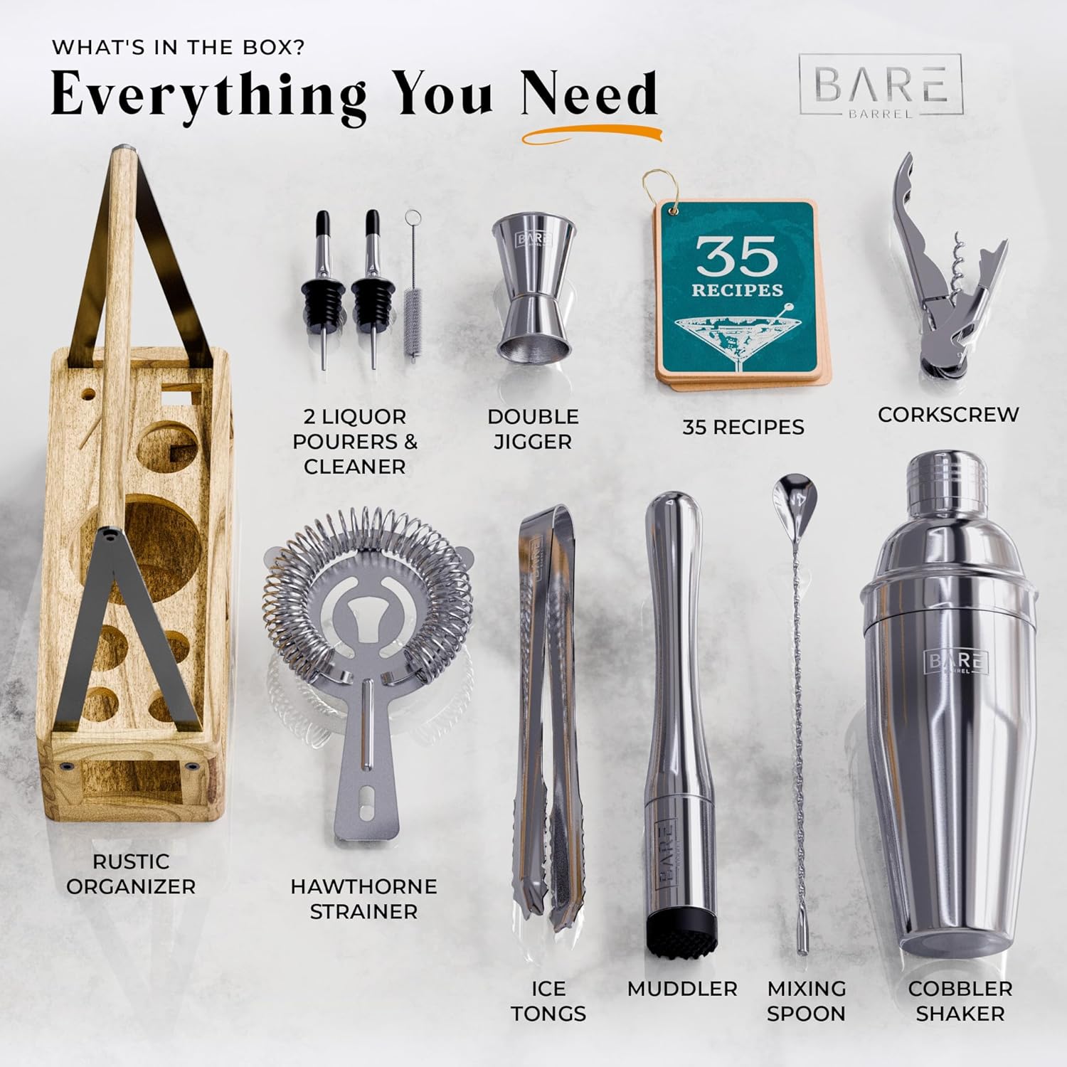 BARE BARREL® Mixology Bartender Kit Bar Set | Martini Cocktail Shaker Set | Barware Mixing Tools for Home Bartending | Farmhouse Rustic Portable Caddy & 35 Recipe Cards | Gift Set (Polished Gray)