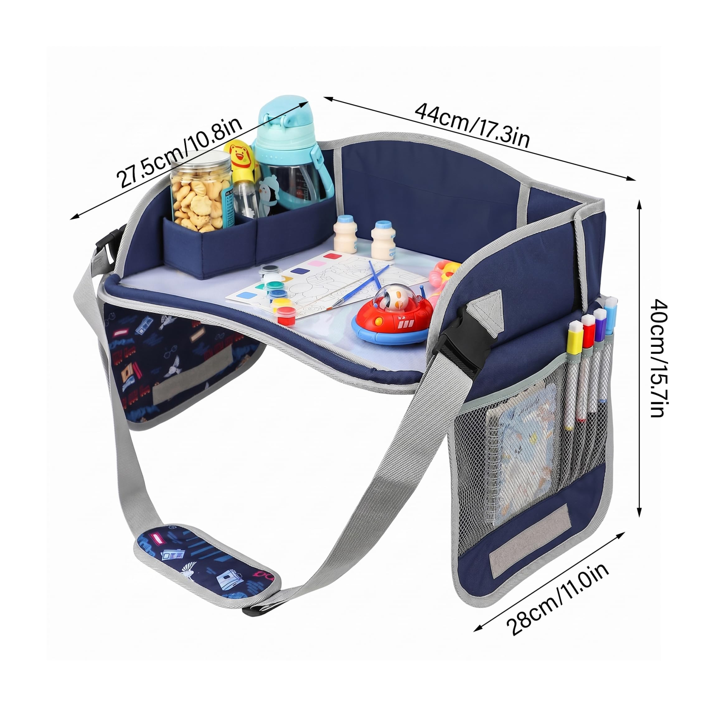 Mesa con bandeja para coche para niños, bandeja de viaje ajustable para niños, mesa de tela plegable compatible con pantalla táctil con compartimentos de almacenamiento para uso de y niñ