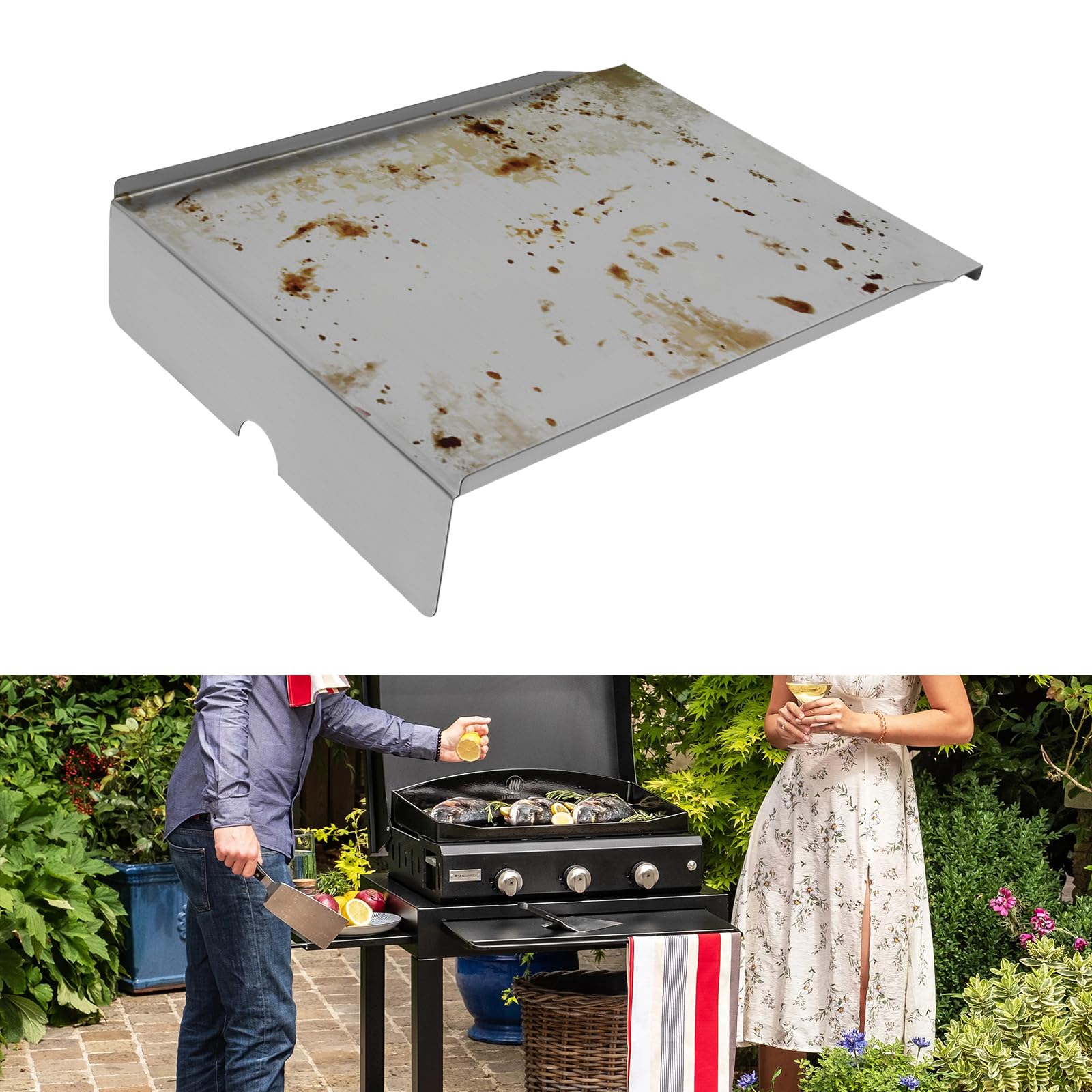 Vaschetta raccogligrasso in acciaio inox, 51 x 40 x 10 cm, riutilizzabile | Per barbecue standard con angolo di 90 gradi, con sei pellicole in alluminio come pratica vaschetta raccogli grasso