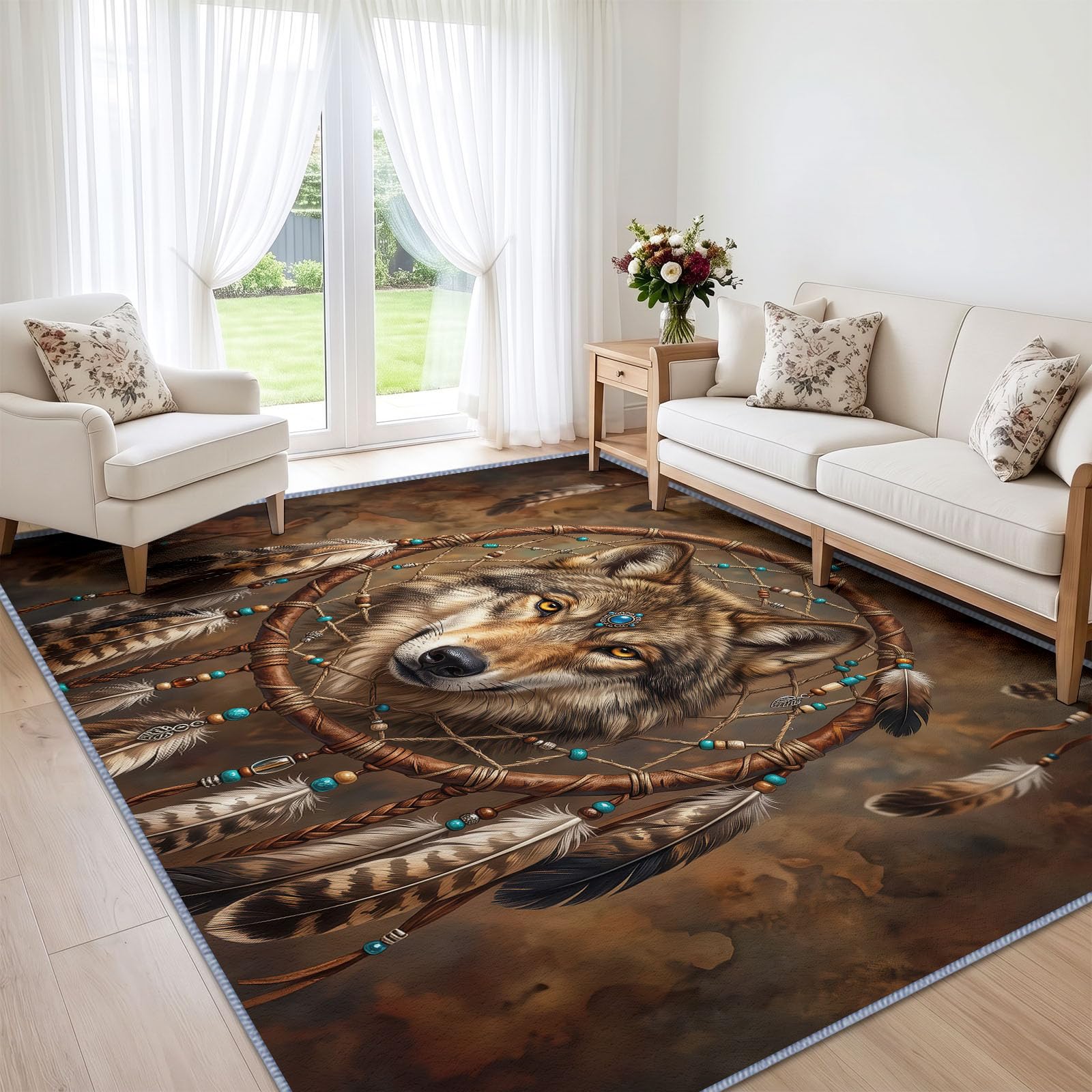 Łapacz snów dywan do salonu 140 x 200 cm, można prać w pralce antypoślizgowy duży pokój chłopcy wystrój rdzennych Amerykanów wilk, miękki dywan z krótkim włosiem do biura, sypialni, jadalni