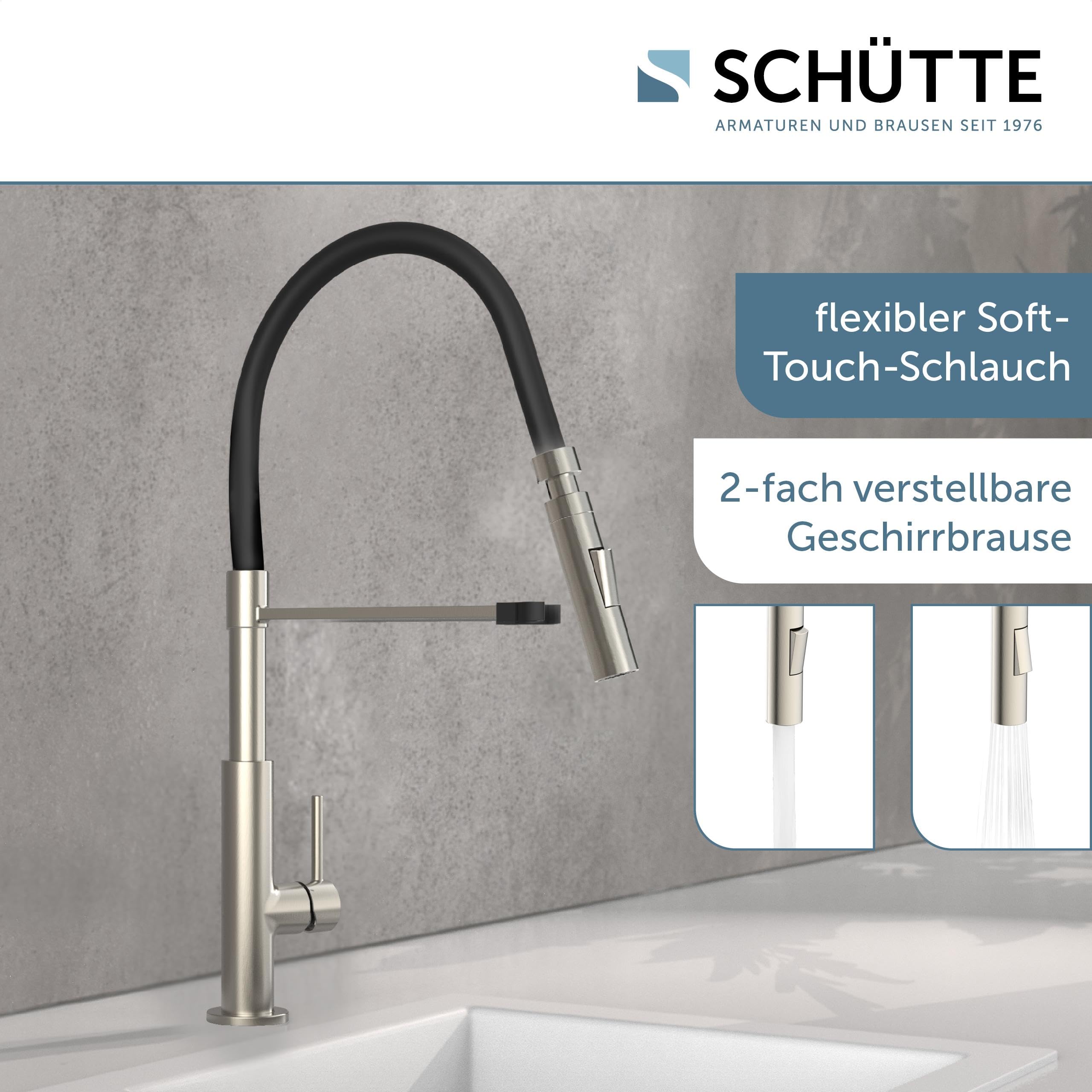 Schütte 23138 Design Spültischarmatur mit auswechselbaren Soft Touch Schlauch, 360 Grad schwenkbarer Wasserhahn für die Küche, Küchenarmatur Einhebelmischer, Mischbatterie in Edelstahl/Schwarz