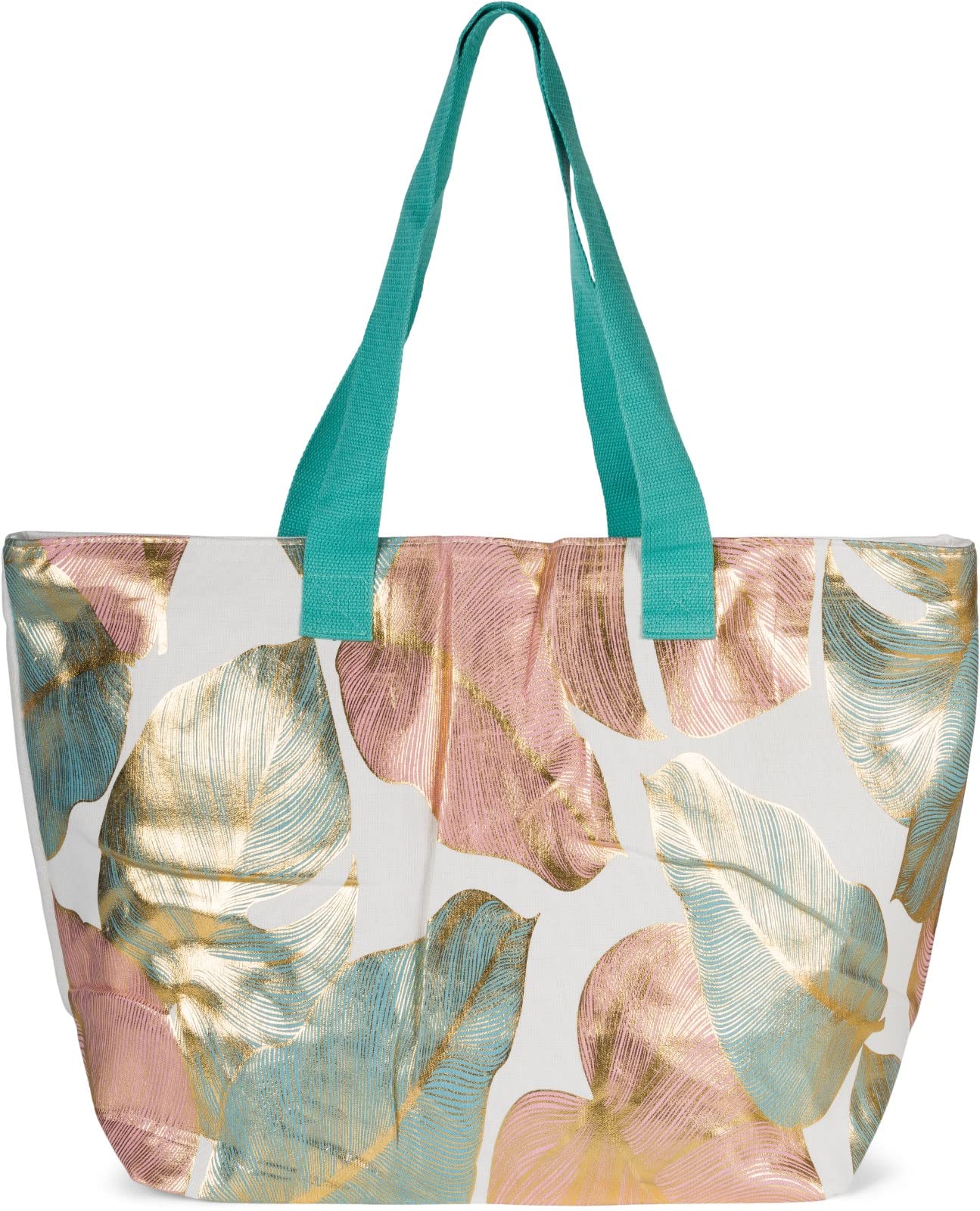 styleBREAKER Bolso de playa para mujer con estampado de hojas de palmeras, metálico, cremallera, XXL, bolsa de hombro, bolsa de la compra 02012390