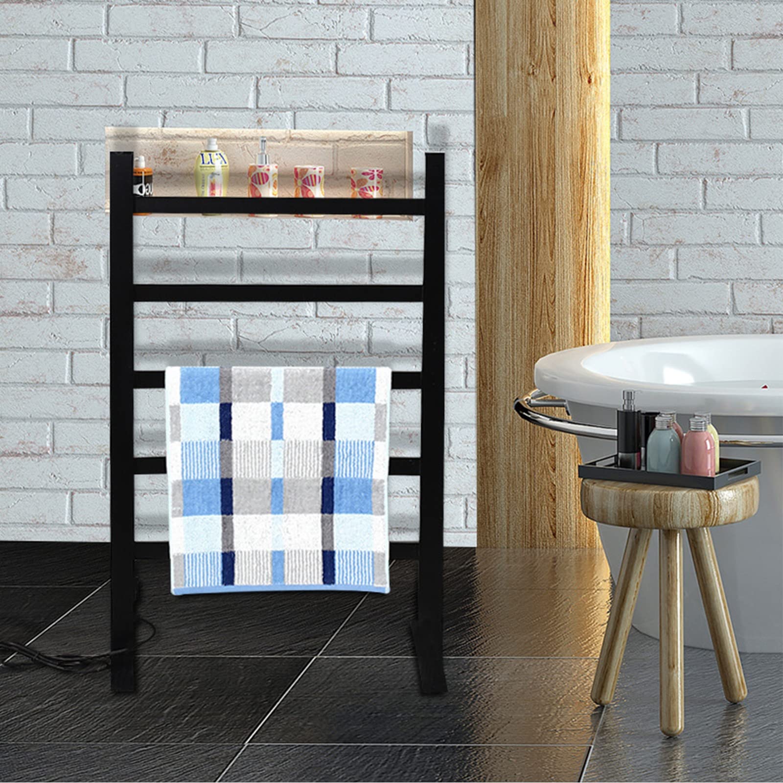 Calentador de toallas de pie negro, rejilla de secado con calefacción eléctrica con 5 barras, toallero con calefacción de aleación de aluminio, para interruptor a prueba de agua de baño Interesting