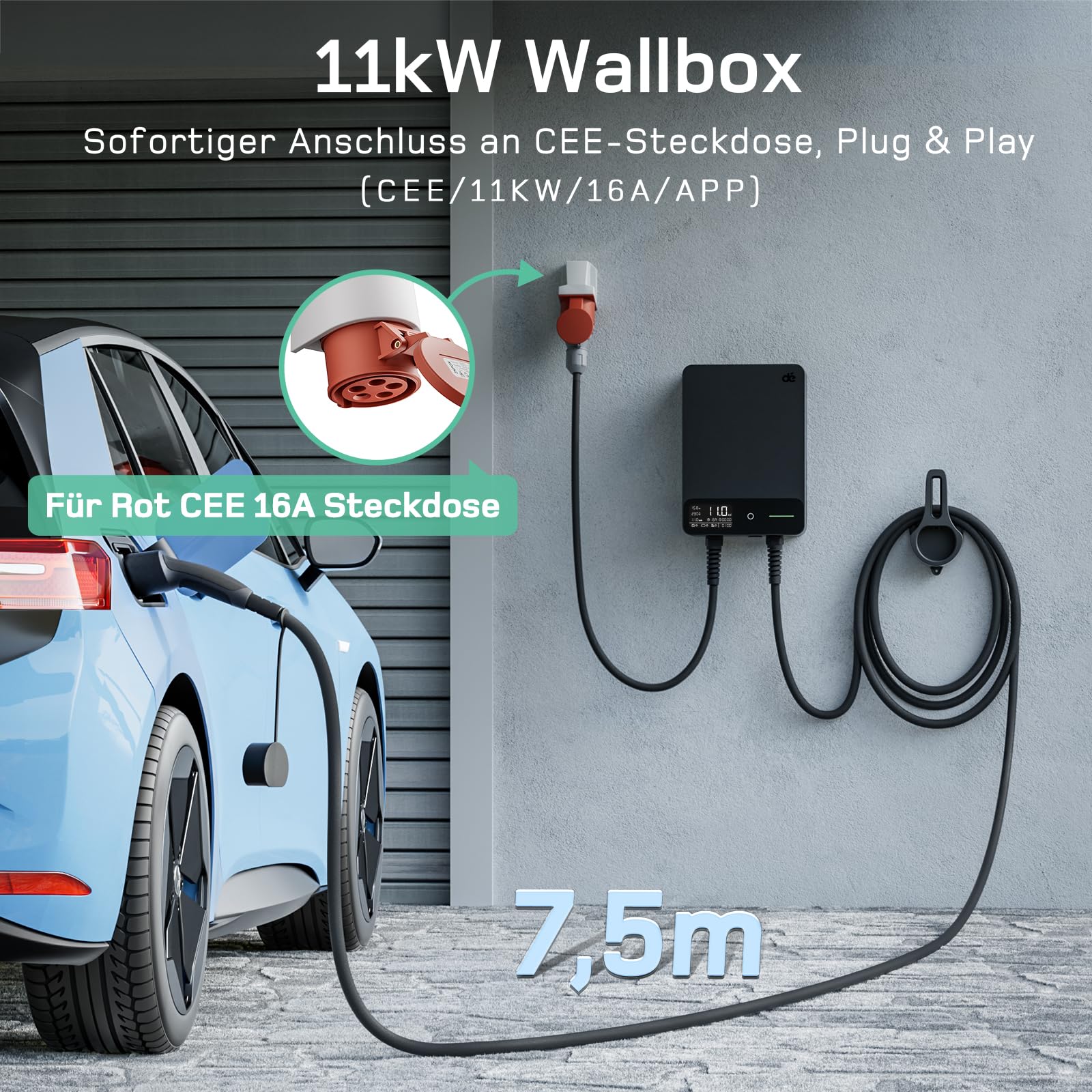 dé Wallbox 11kW mit APP, 7,5m Typ 2 Ladekabel mit Kabelhalter, 3-Phasen EV-Ladegerät (6-16A, 400V), für BEV/PHEV, RCD Typ-B & IP54-Schutz, effiziente Ladestation für Zuhause, Schwarz - 2