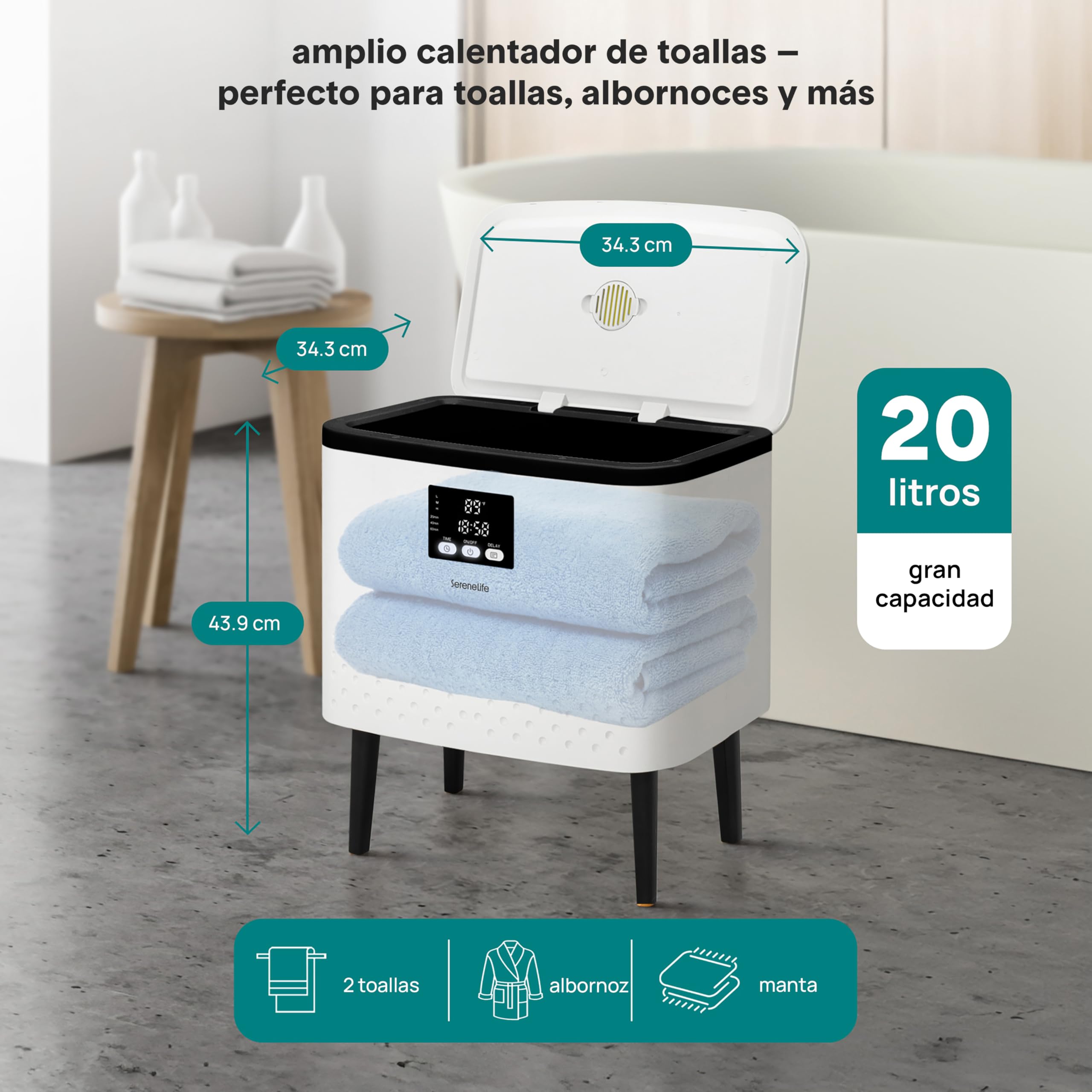 SereneLife Calentador de Toallas Rectangular, Gran Capacidad para Mantas y Paños, Control de un Solo Toque, Diseño Eficiente en Energia, Apagado Automatico, Capacidad de 20L