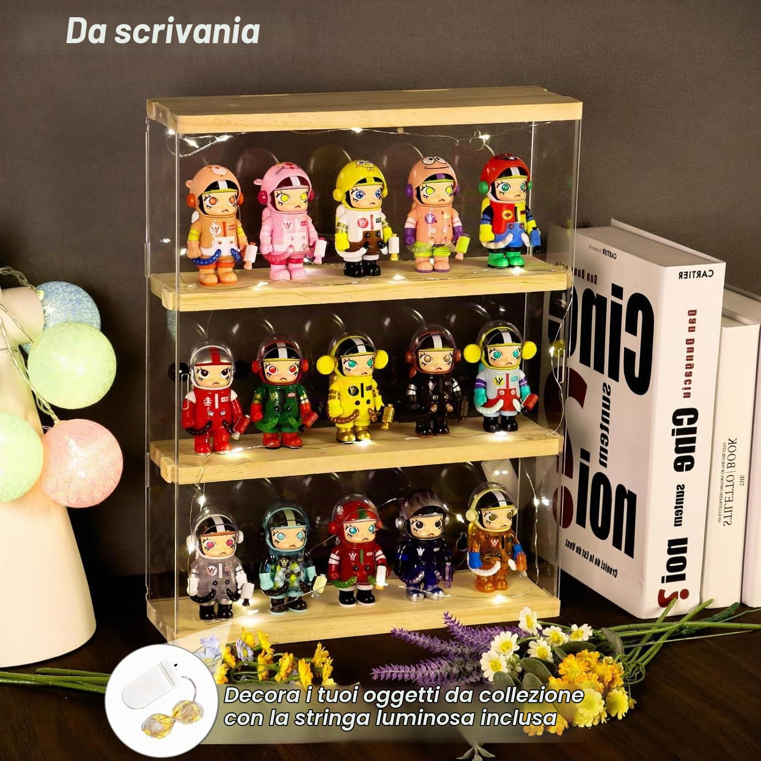 3 Livelli di Vetrina in Acrilico, Scatola da Esposizione a Parete per Mobili da Collezione, Vetrina Trasparente con Porta per Mini Funko Pop, Action Figure, 29,3 x 8,5 x 38 cm, Noce