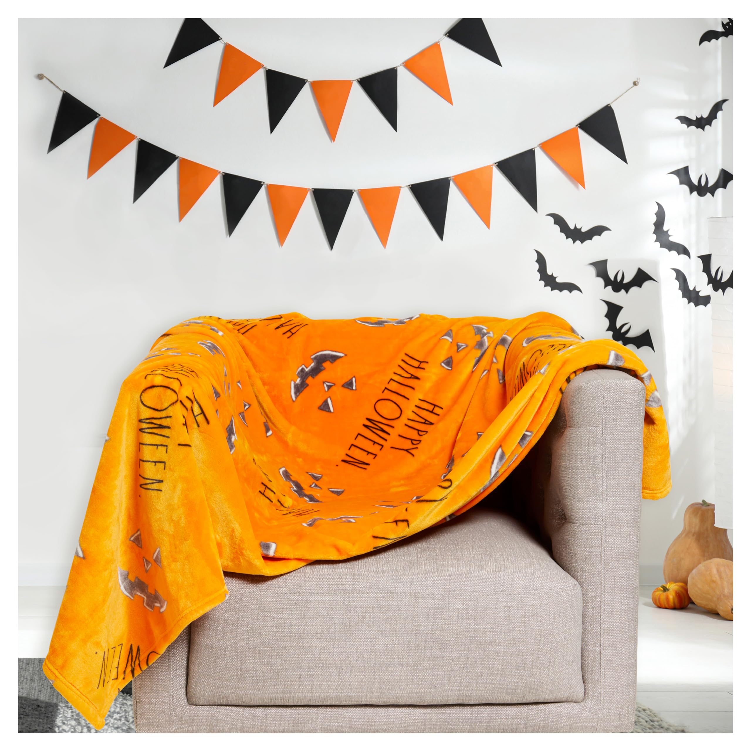 Rae DunnThrow Blanket- Soft, Decorative Blankets for Bed or Couch, Cozy Throws for Sofa, Soft Plush Throw Embroidered Happy Halloween, 50 inches x 70 inches