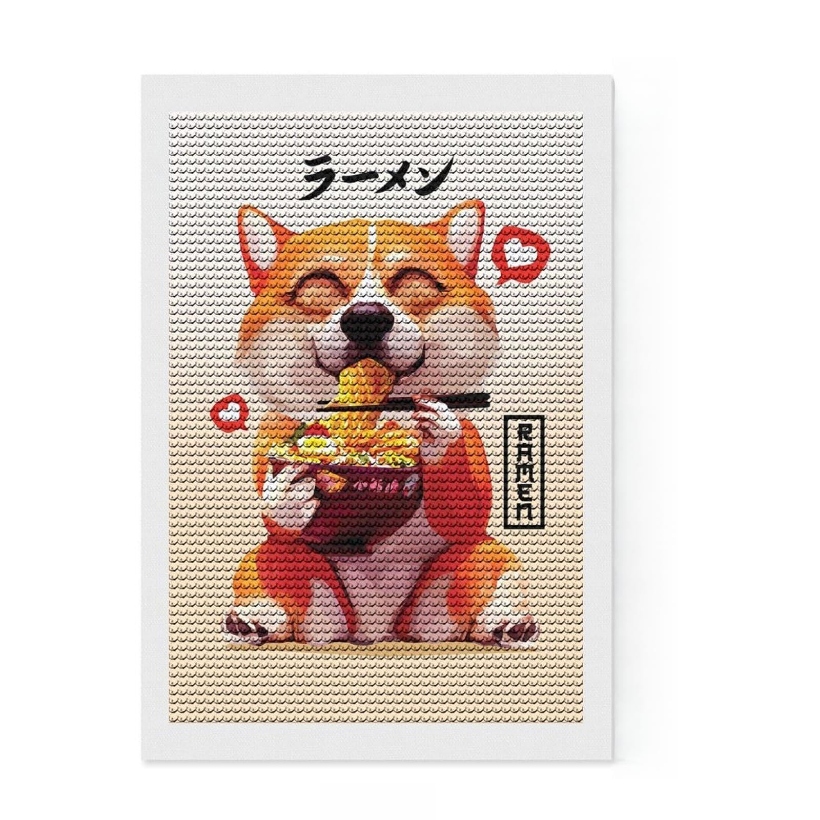 Junmoney Cute Corgi Ramen DIY Diamond Art Canvas Kit 8"x12", Neat Printed Canvas, Mindful Craft Activity, Office Decor, Gift Idea