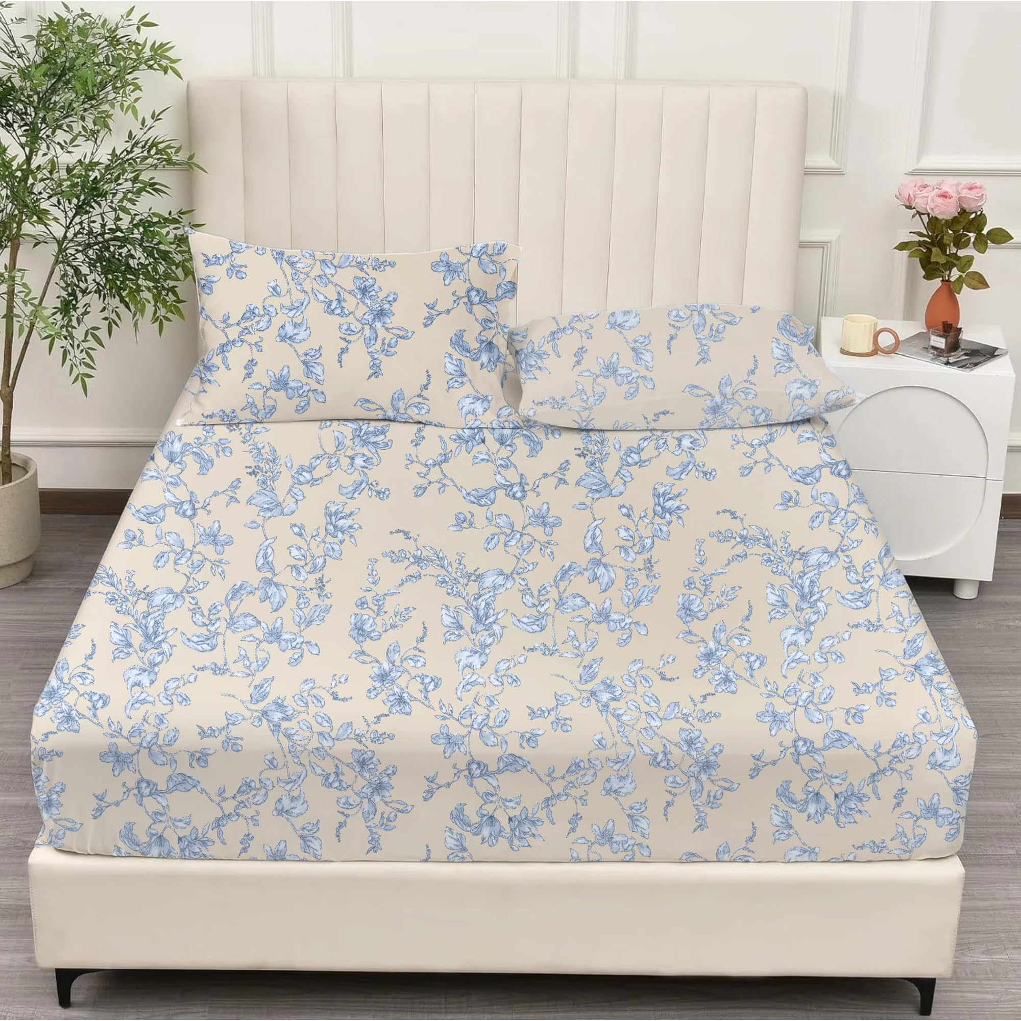 Trance Home Linen 100% Percale Cotton 210 TC Bedsheet | Printed Fitted Bedspread with 2 Pillow Covers (75x60 inch, Grape Vine Blue)
