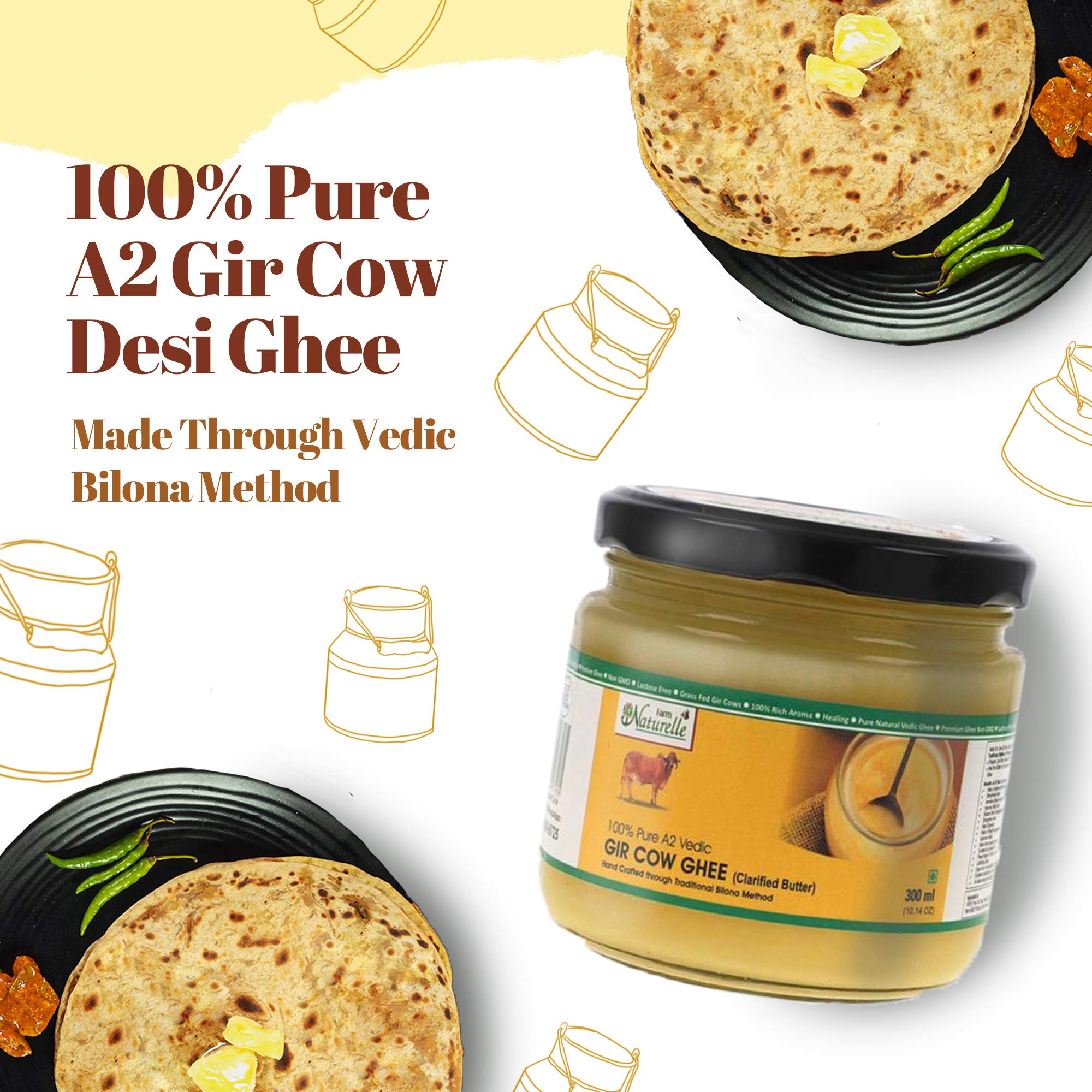 Farm NaturelleA2 Desi Cow Ghee from Grass Fed Gir Cows,Vedic Bilona MethodCurd ChurnedGolden