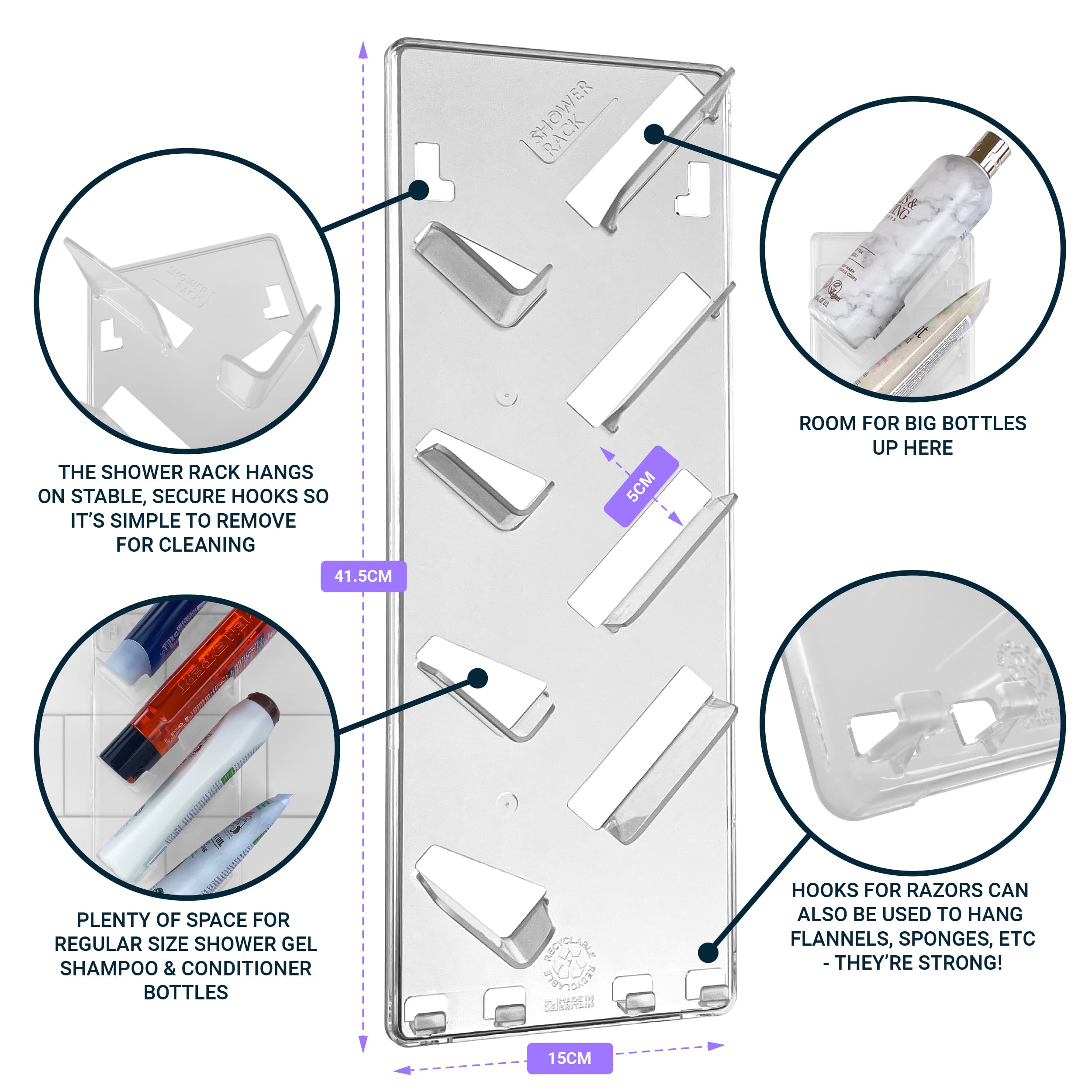 Carrito de ducha de pared de plástico transparente, fácil de instalar, guarda cuidadosamente champús, acondicionadores, maquinillas de afeitar y otros accesorios en este elegante baño