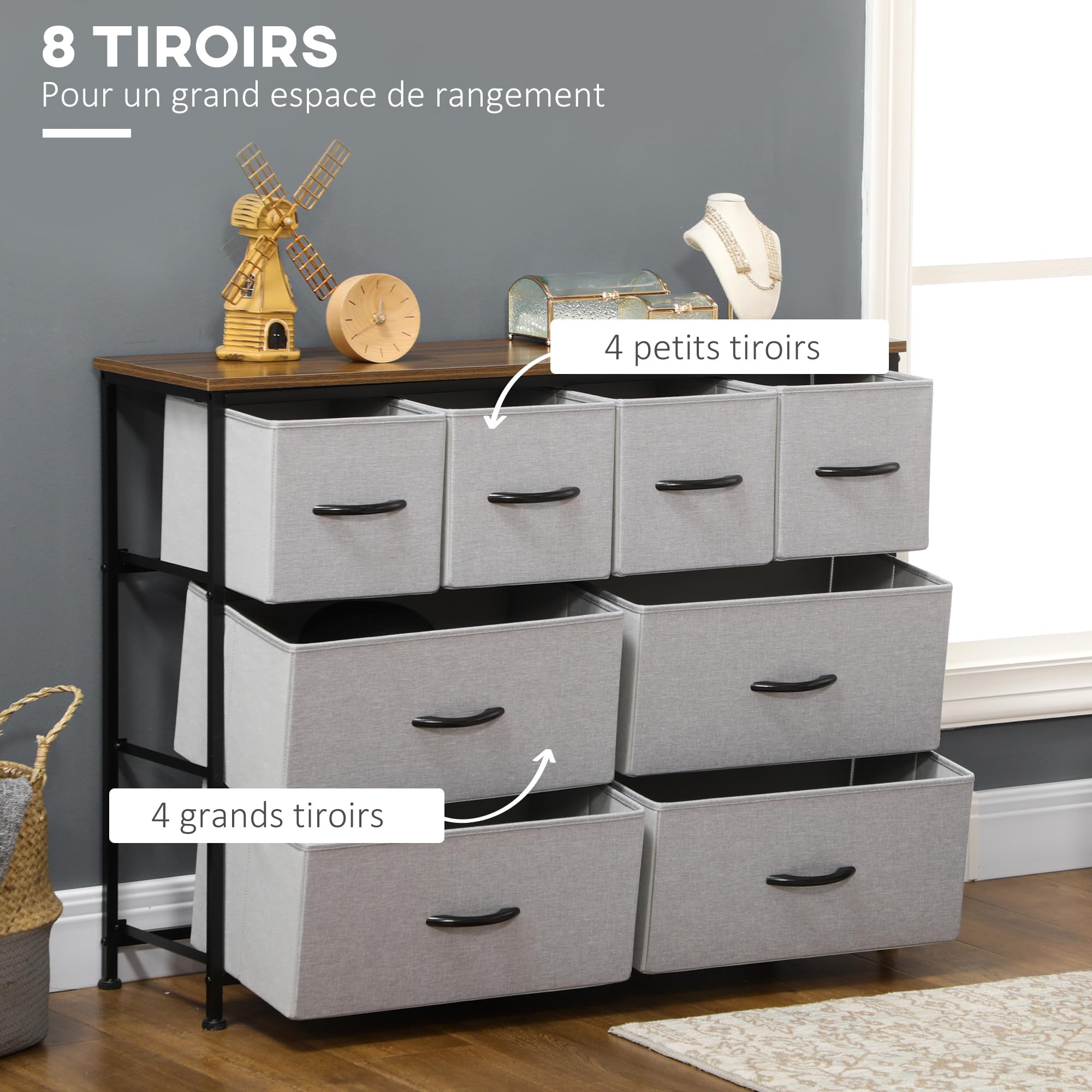 HOMCOM Commode 8 Tiroirs Meuble de Rangement Acier 100 x 30 x 78 cm Noir