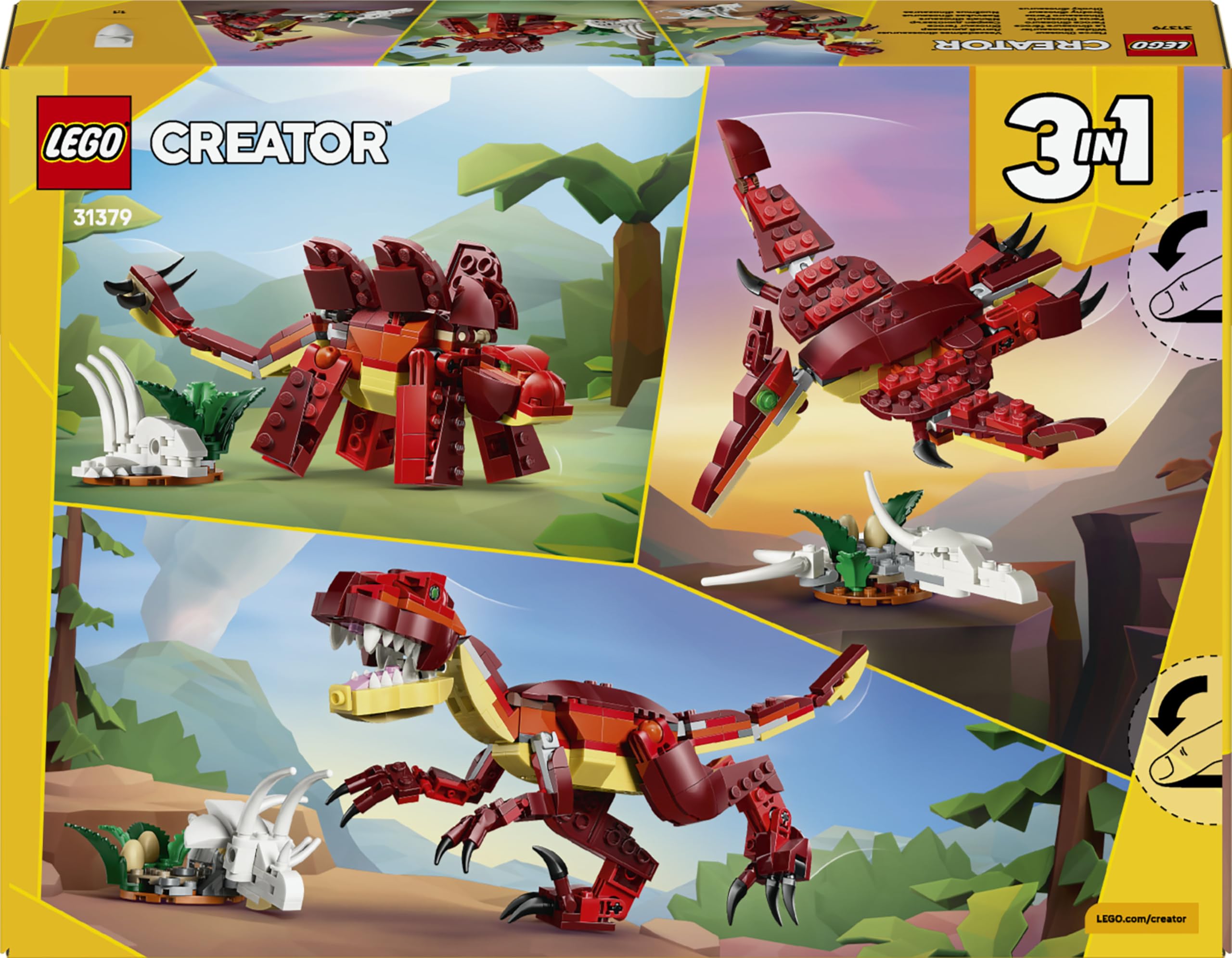 LEGO Creator 3 in 1 Feroce Dinosauro Giocattolo - Figure di Velociraptor, Stegosauro o Pterosauro con Elementi Scheletro e Denti Affilati - Regalo di Compleanno per Bambini e Bambine da 8 Anni - 31379
