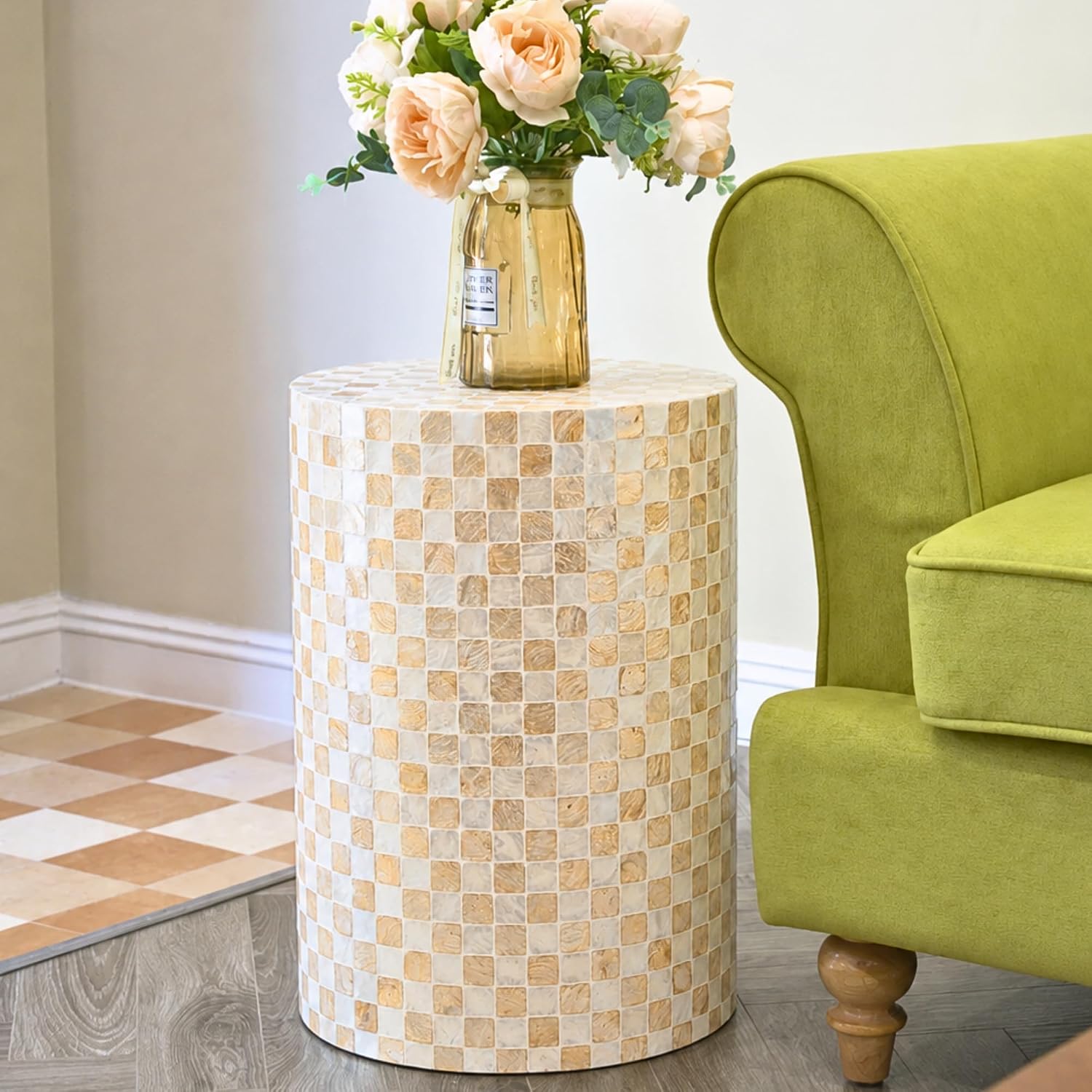 Chi An Home 19.3” Capiz Shell Ivory Checkered Cylinder Drum Side Table