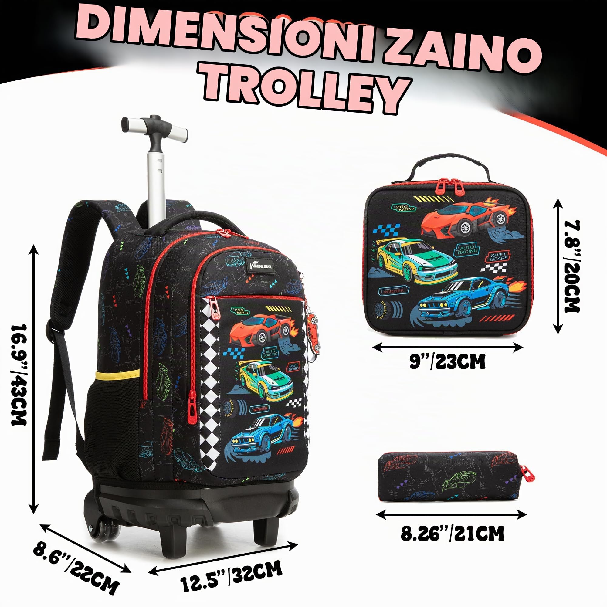 HTgroce Zaino Trolley Scuola Elementare Bambino– Set 3 in 1 con Zainetto, Borsa per la Merenda e Astuccio – Zaino con Ruote per Primaria e Viaggio